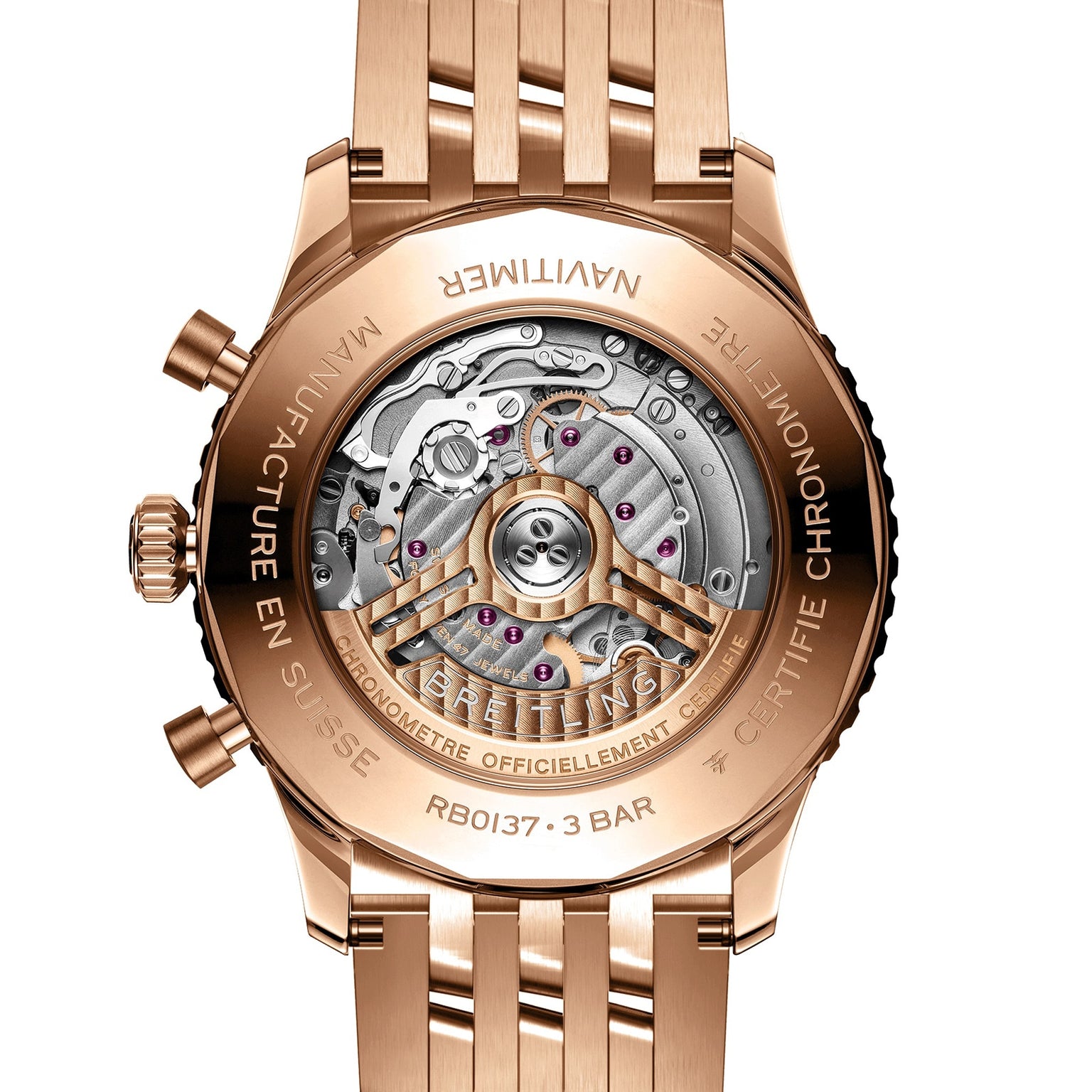 Close-up of the Breitling Navitimer B01 Chronograph 46, highlighting its detailed Breitling 01 movement and engraved gold case with technical specs.