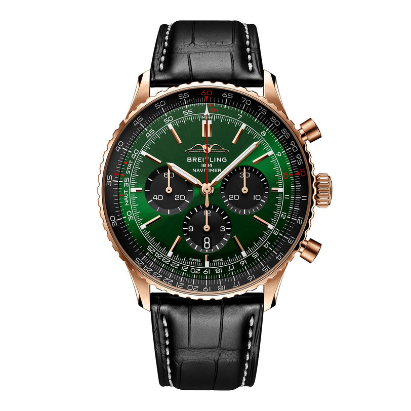 The Breitling Navitimer B01 Chronograph 46 features a green dial, black subdials, a rose gold case, and a black leather strap with white stitching.