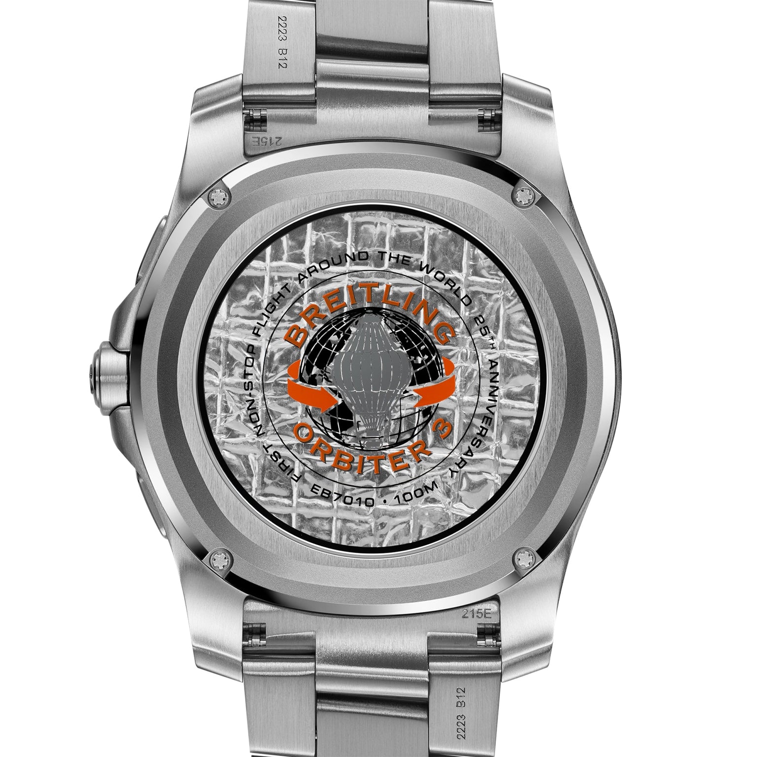 Back view of the Breitling Aerospace B70 Orbiter stainless steel pilots chronograph, featuring the Orbiter logo, a globe graphic, and etched text with flight history, water resistance, and model numbers.