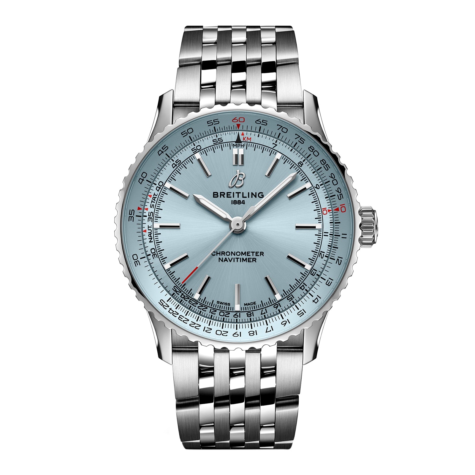 The Breitling Navitimer Automatic 41 features a light blue dial, silver hour markers, and a stainless steel bracelet—an iconic aviation-inspired watch displayed on a white background.