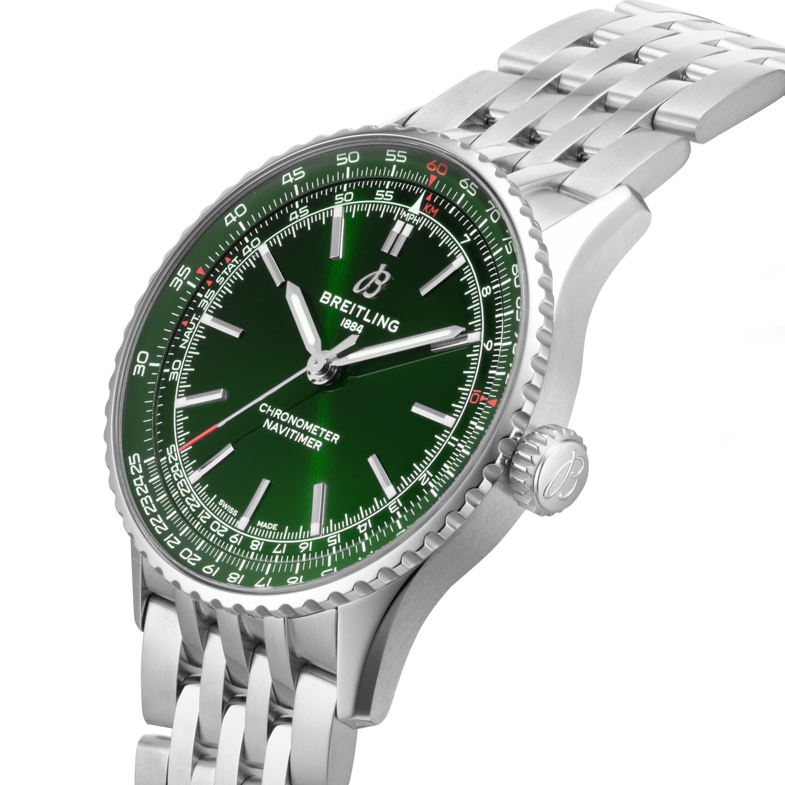 The Breitling Navitimer Automatic 41 wristwatch, with a stainless steel case, green dial, silver hour markers, and metal bracelet, is elegantly angled on a white background.