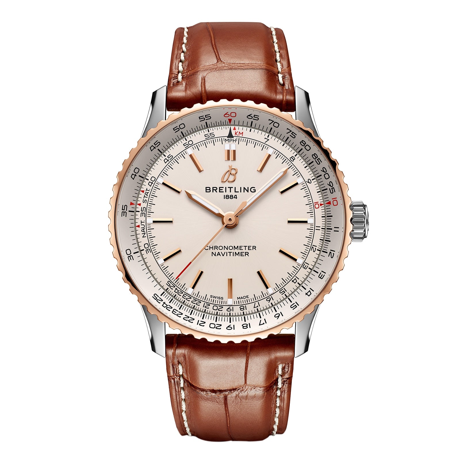 The Breitling Navitimer Automatic 41 features a cream dial, rose gold bezel, brown leather strap, and multiple scales—an iconic timepiece crafted for aviation enthusiasts who value precision and timeless style.