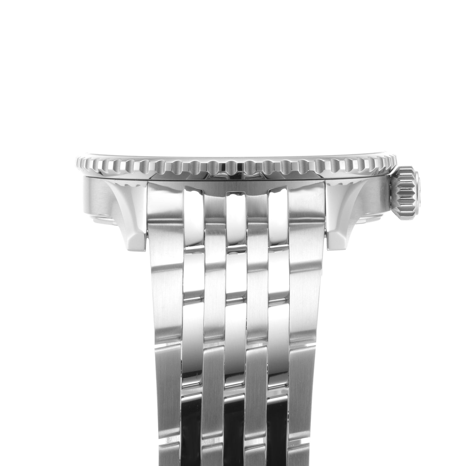 Side view of the Breitling Navitimer Automatic GMT 41 in stainless steel, featuring a fluted bezel, crown, and multi-link bracelet, highlighting its mechanical precision against a white background.