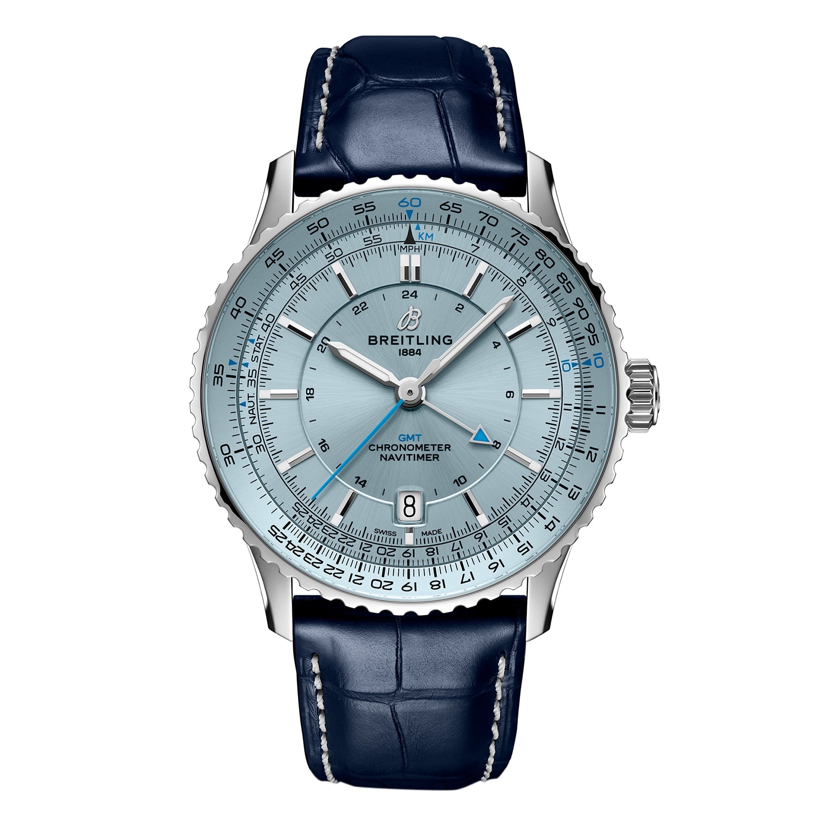 The Breitling Navitimer Automatic GMT 41 features a light blue dial, 41mm stainless steel case, blue leather strap, date at 6 o’clock, and a silver bezel with multiple scales and markers.
