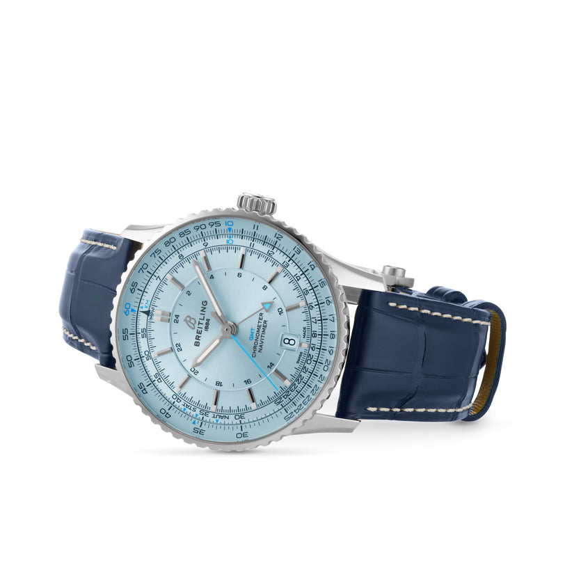 A Breitling Navitimer Automatic GMT 41 wristwatch with a light blue chronograph dial, 41mm stainless steel case, and dark blue leather strap, shown at an angle on a plain white background.