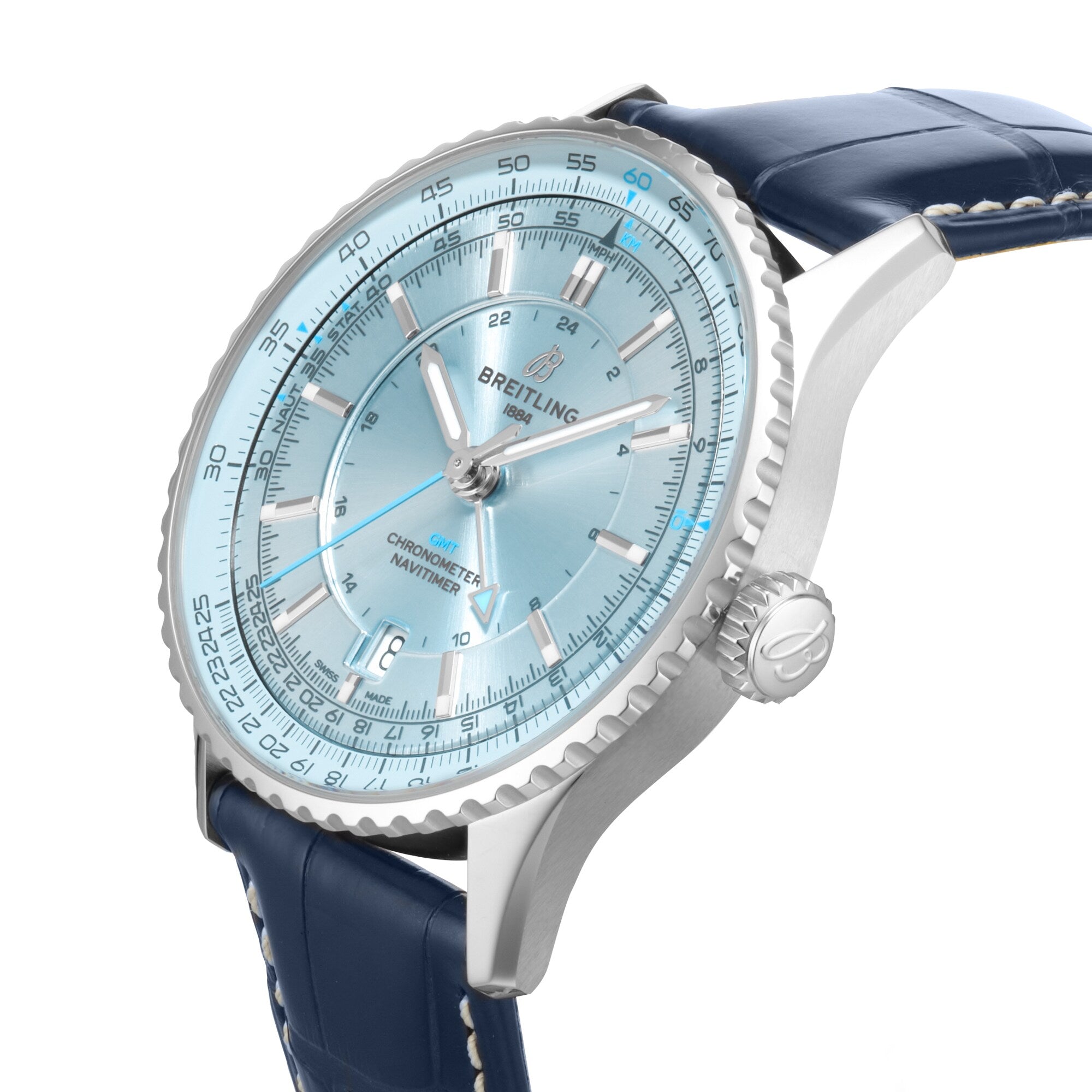 The Breitling Navitimer Automatic GMT 41 features a silver stainless steel case, light blue dial, blue leather strap, and multiple markings, displayed at an angle in its 41mm case.