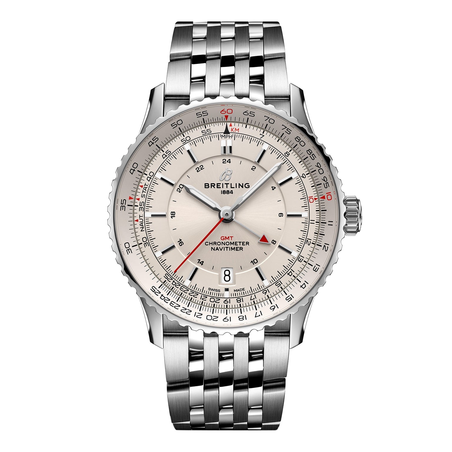 The Breitling Navitimer Automatic GMT 41 showcases a stainless steel case, silver dial with multi-scale markings, date window, and metal bracelet. Powered by the precise Breitling Calibre 32 and displayed on a white background.