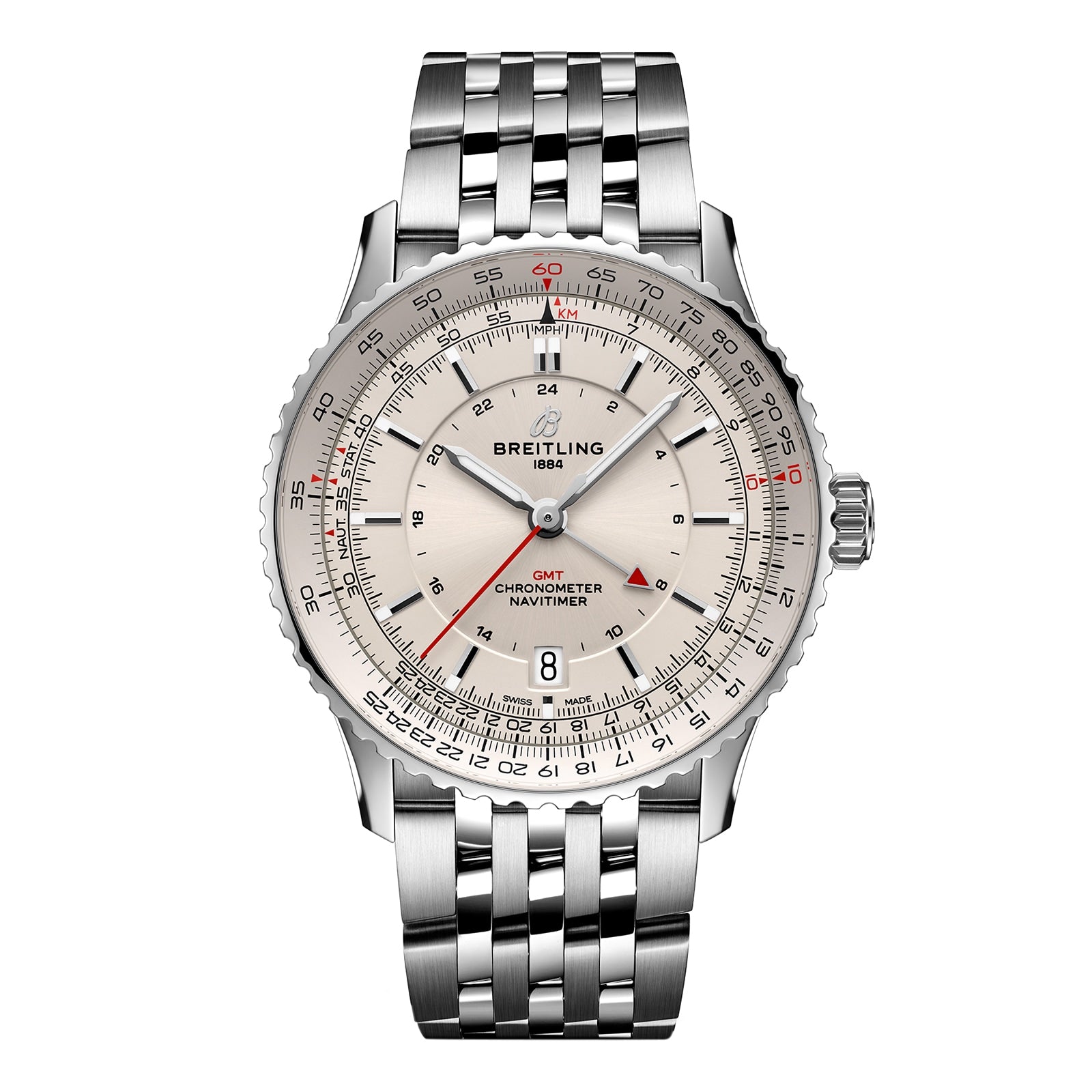 The Breitling Navitimer Automatic GMT 41 showcases a stainless steel case, silver dial with multi-scale markings, date window, and metal bracelet. Powered by the precise Breitling Calibre 32 and displayed on a white background.