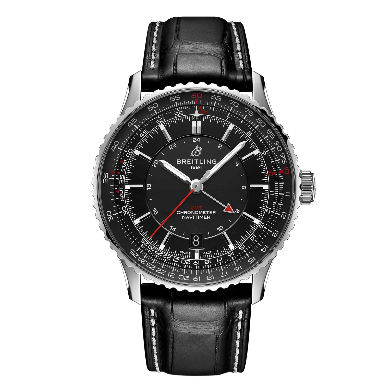 The Breitling Navitimer Automatic GMT 41 features a black leather strap, silver case, black dial with white and red accents, and multiple scales around the face.