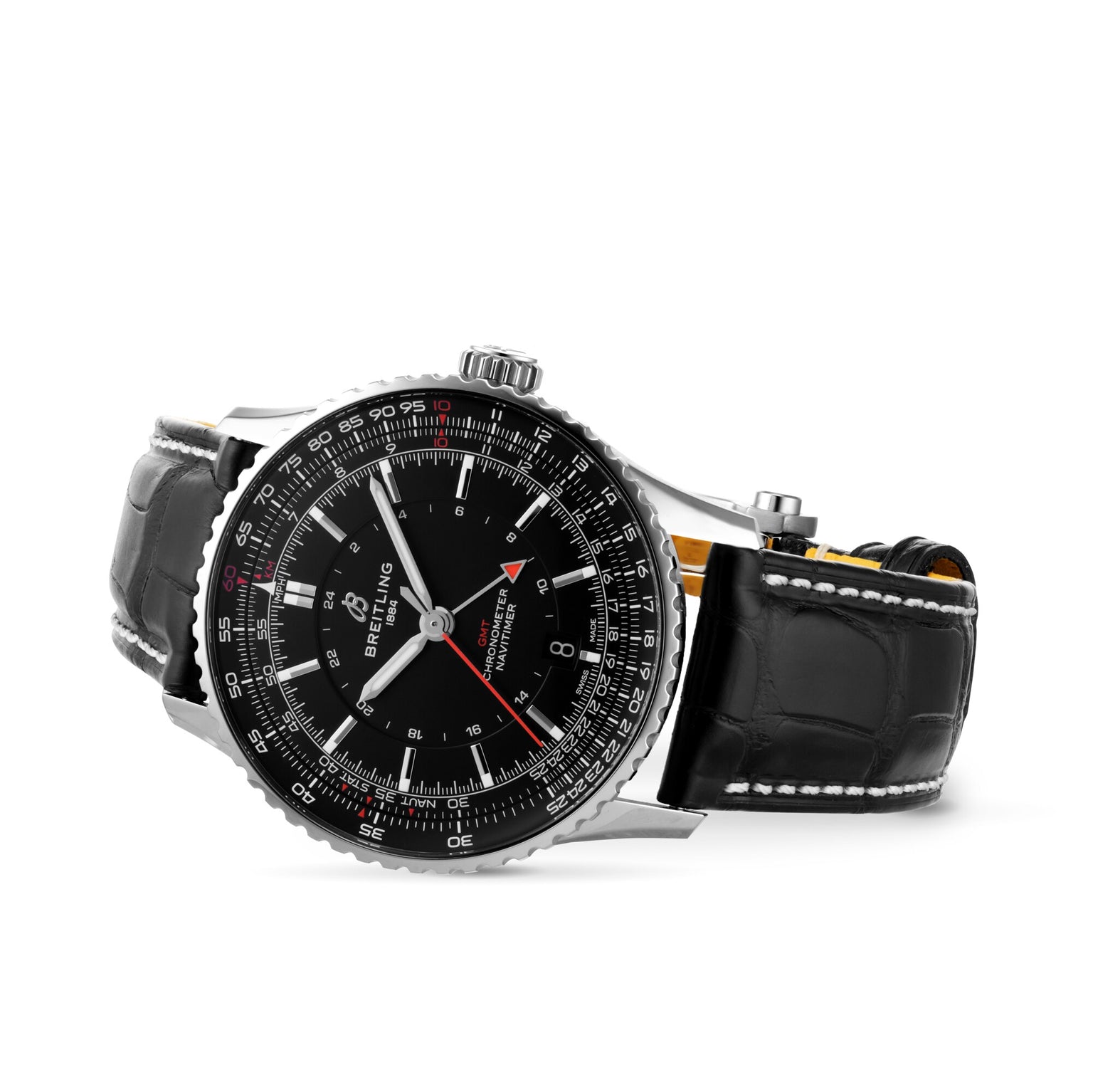 A Breitling Navitimer Automatic GMT 41 with a black leather strap, black dial, silver bezel, and white and red accents is displayed on its side against a white background.
