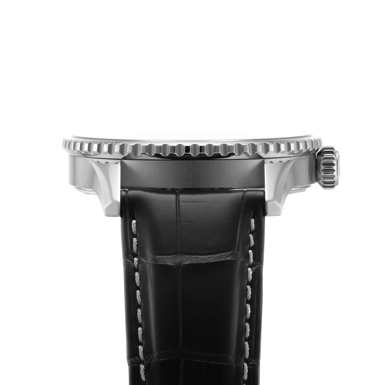 Side view of the Breitling Navitimer Automatic GMT 41 with a metal case, knurled bezel, crown, and black leather strap with white stitching, featuring an automatic GMT function.