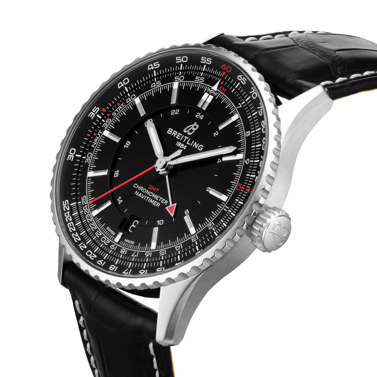 A Breitling Navitimer Automatic GMT 41 with a black dial featuring white and red details, date display, stainless steel case, and black leather strap.