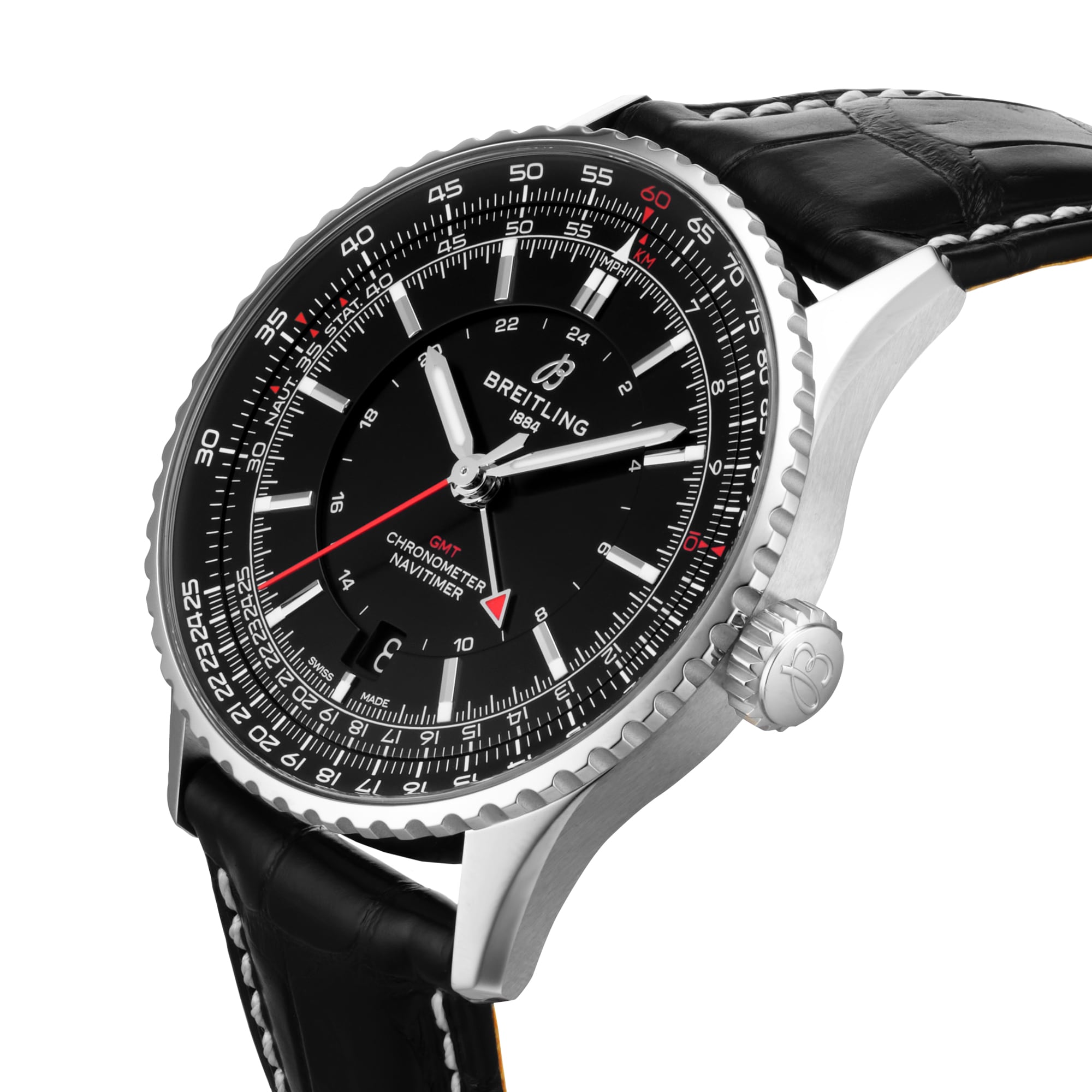 A Breitling Navitimer Automatic GMT 41 with a black dial featuring white and red details, date display, stainless steel case, and black leather strap.