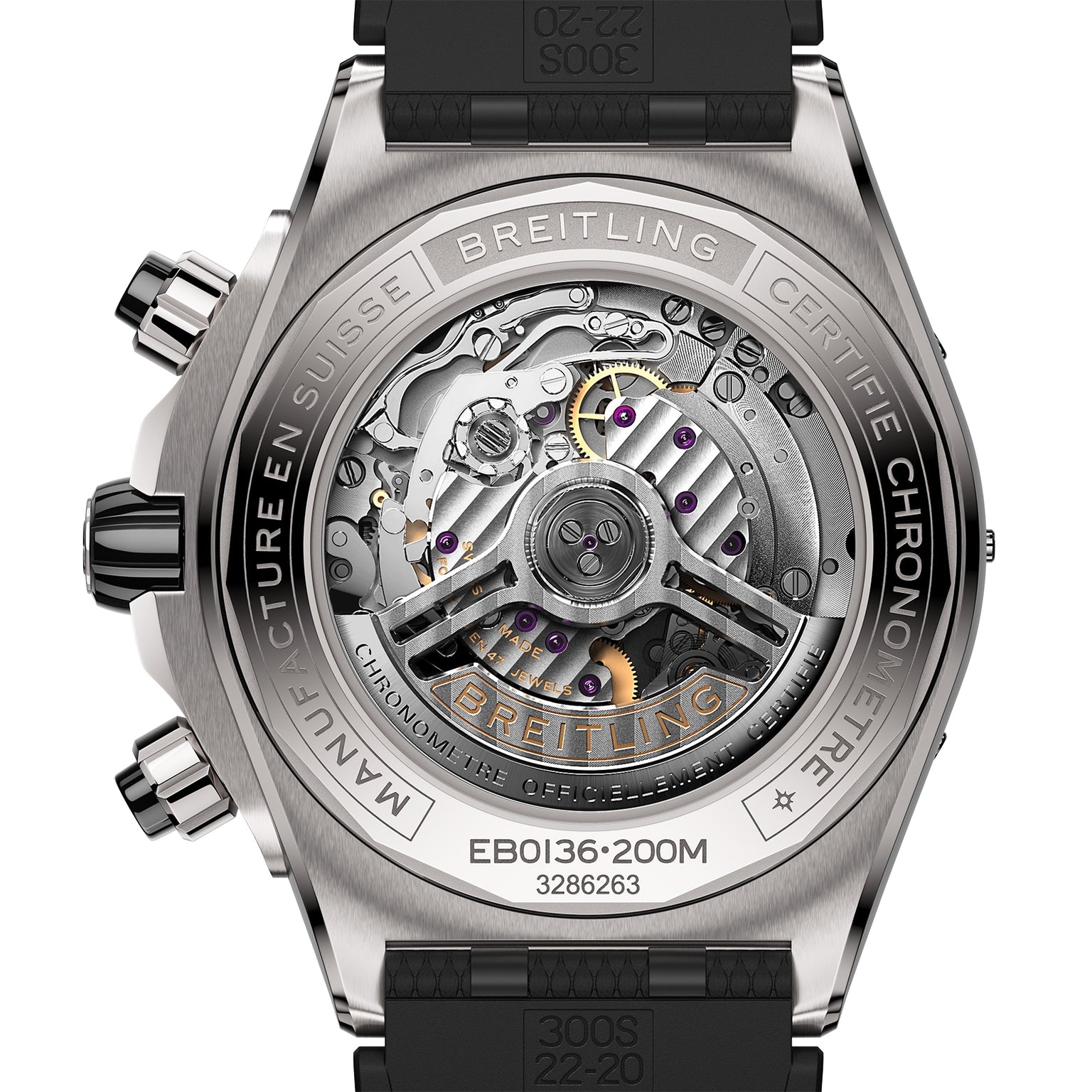 Close-up of the Super Chronomat B01 44 by Breitling, highlighting its exposed Breitling Manufacture 01 calibre movement and engraved details on the robust 44mm titanium case.