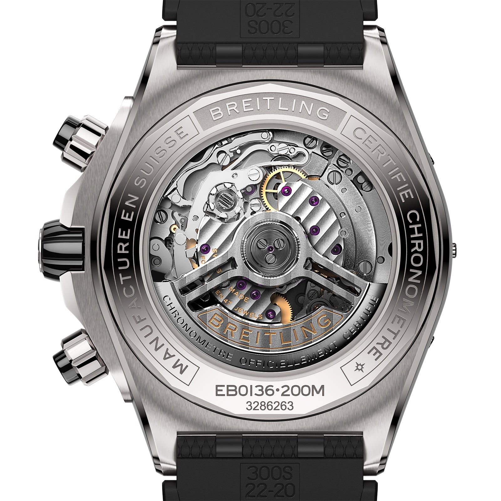 Close-up of the Super Chronomat B01 44 by Breitling, highlighting its exposed Breitling Manufacture 01 calibre movement and engraved details on the robust 44mm titanium case.