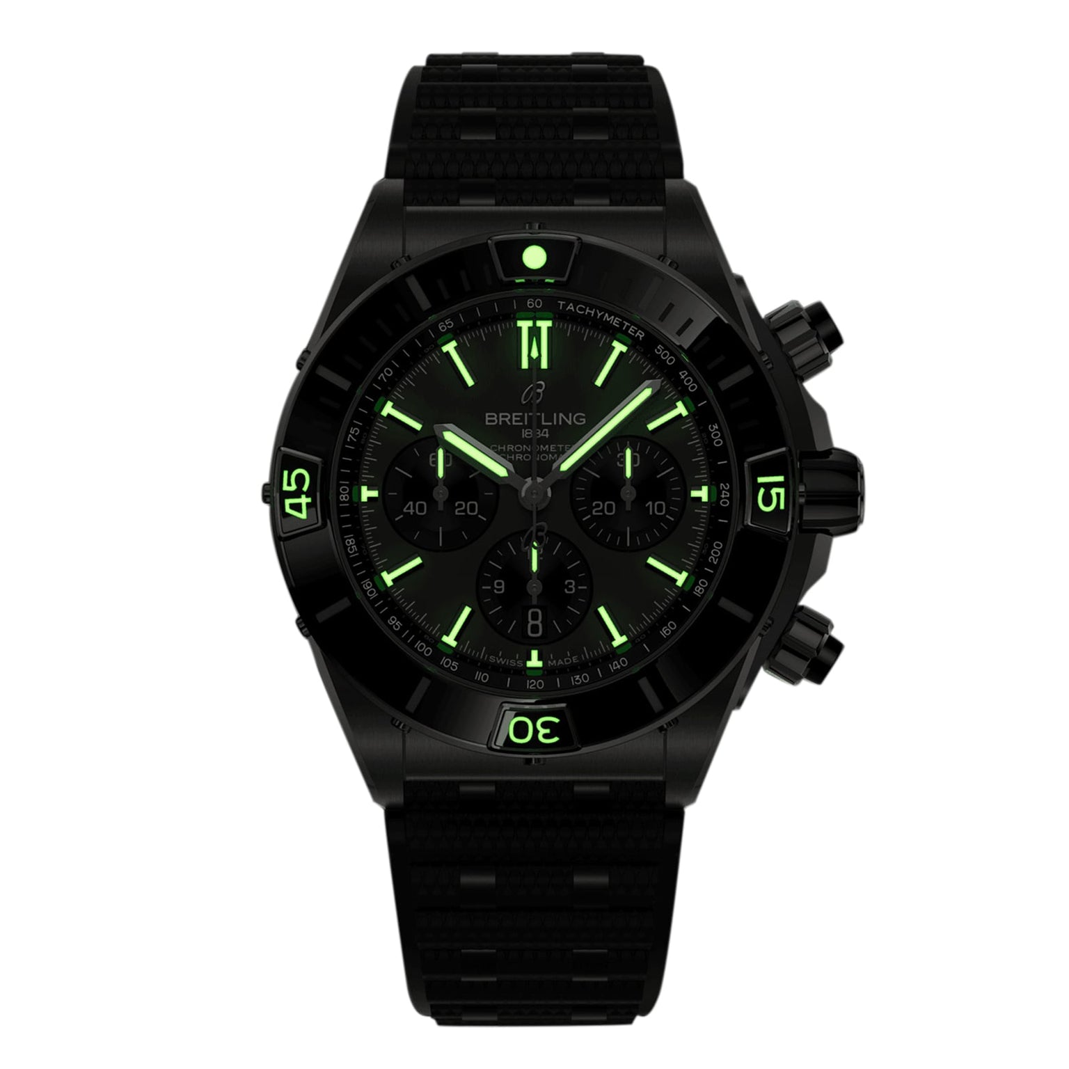 The Breitling Super Chronomat B01 44 is a black chronograph watch with a 44mm titanium case, black strap, and green luminous markers on its dial and bezel, shown on a white background.