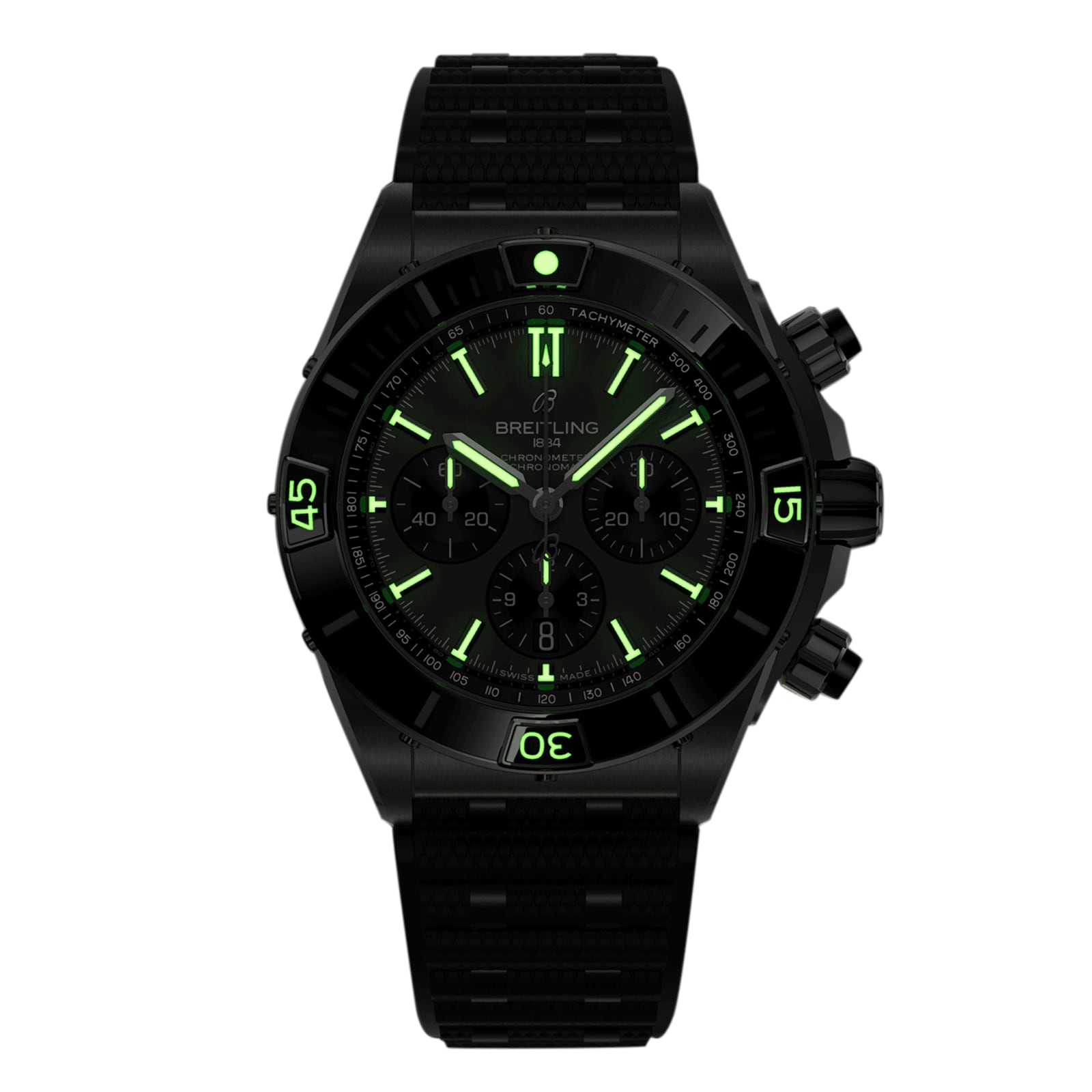The Breitling Super Chronomat B01 44 is a black chronograph watch with a 44mm titanium case, black strap, and green luminous markers on its dial and bezel, shown on a white background.