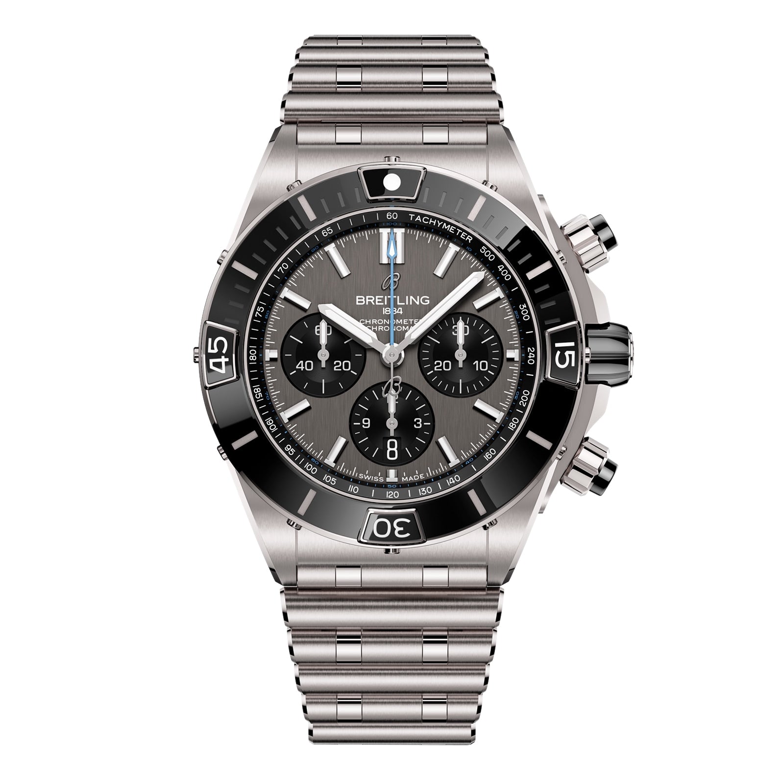 The Breitling Super Chronomat B01 44 is a stainless steel chronograph watch with a black bezel, three subdials, tachymeter markings, and a metal bracelet, powered by the precise Breitling 01 calibre and shown against a white background.