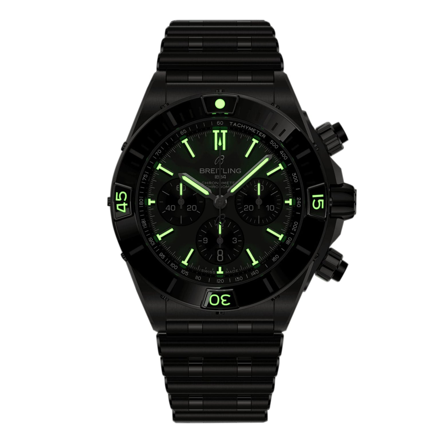 The Breitling Super Chronomat B01 44, a black chronograph watch with a tachymeter bezel, green luminous markers and hands, and a rugged titanium case, is shown against a white background.