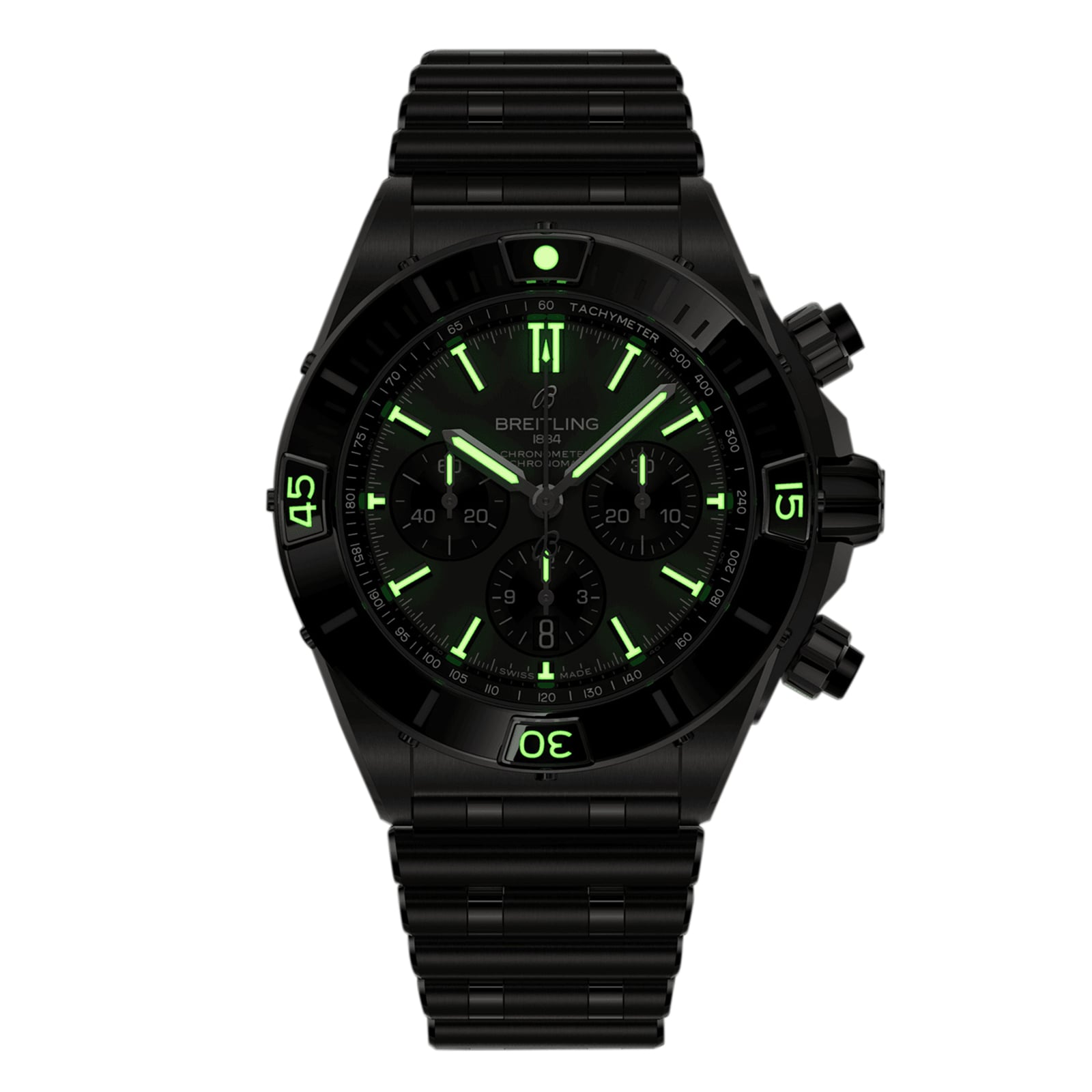 The Breitling Super Chronomat B01 44, a black chronograph watch with a tachymeter bezel, green luminous markers and hands, and a rugged titanium case, is shown against a white background.