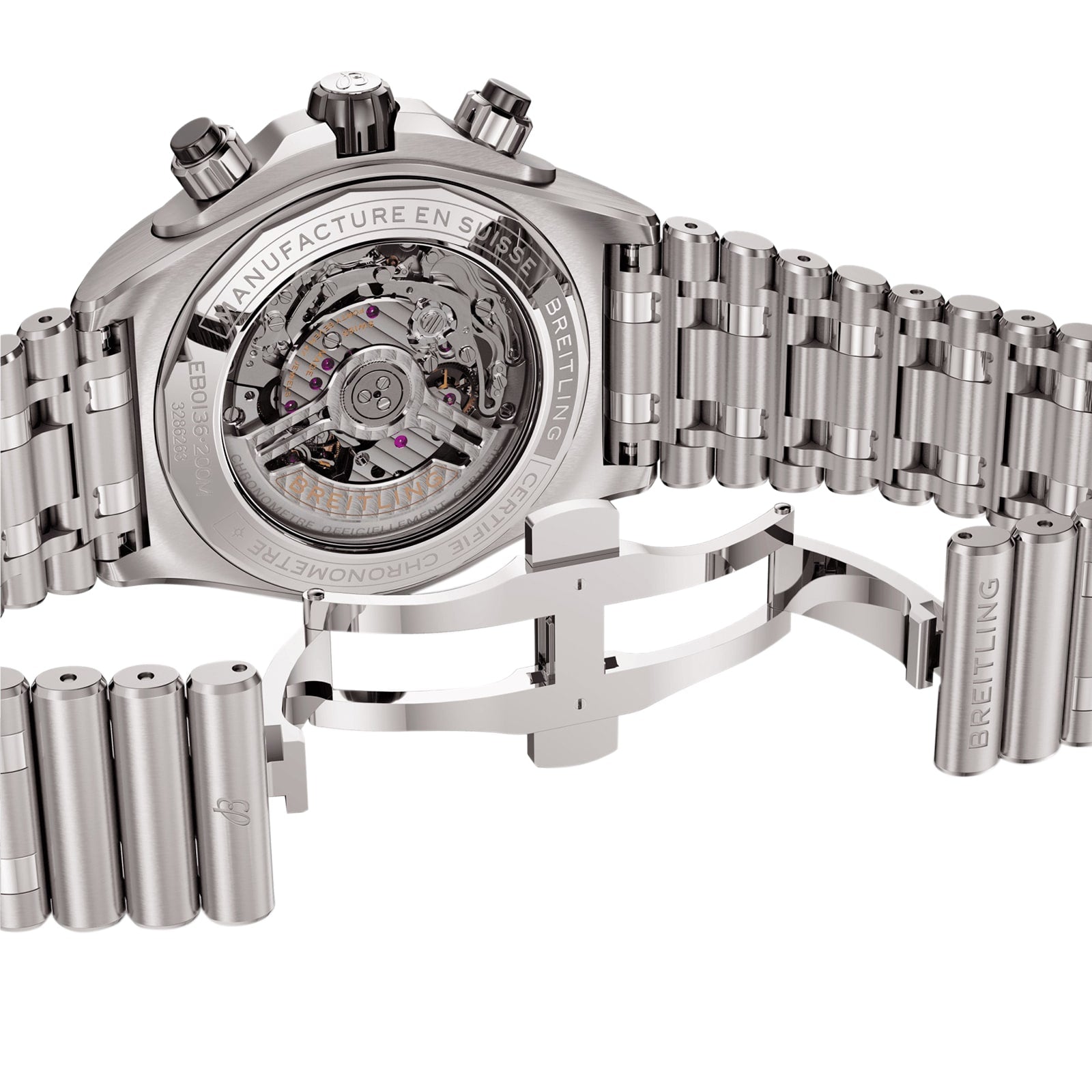 The back of the Breitling Super Chronomat B01 44 displays its exposed Breitling 01 calibre movement and an open deployment clasp, all elegantly housed in a refined titanium case.