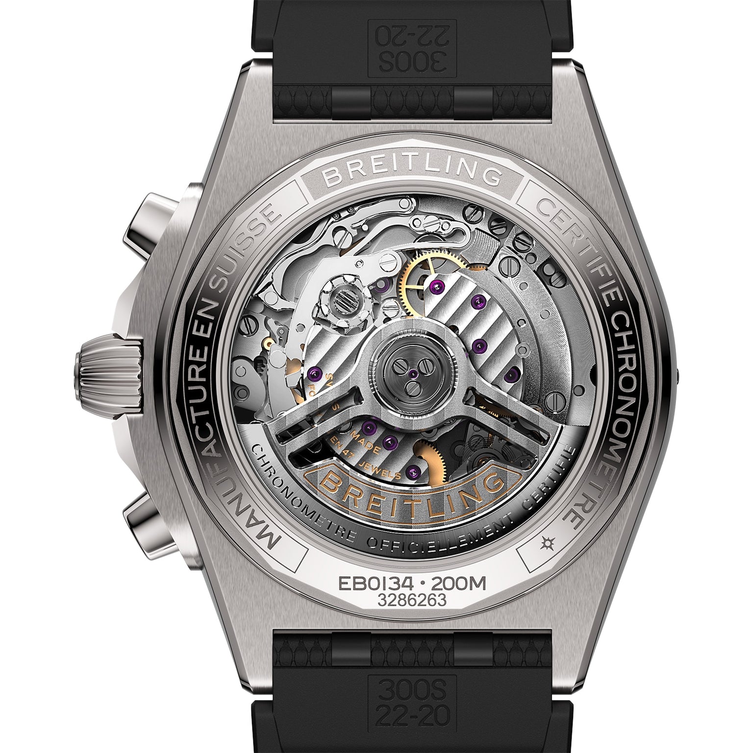 The back of the Breitling Chronomat B01 42 showcases its exposed mechanical movement, intricate gears, and engraved details, all paired with a stylish black rubber strap.