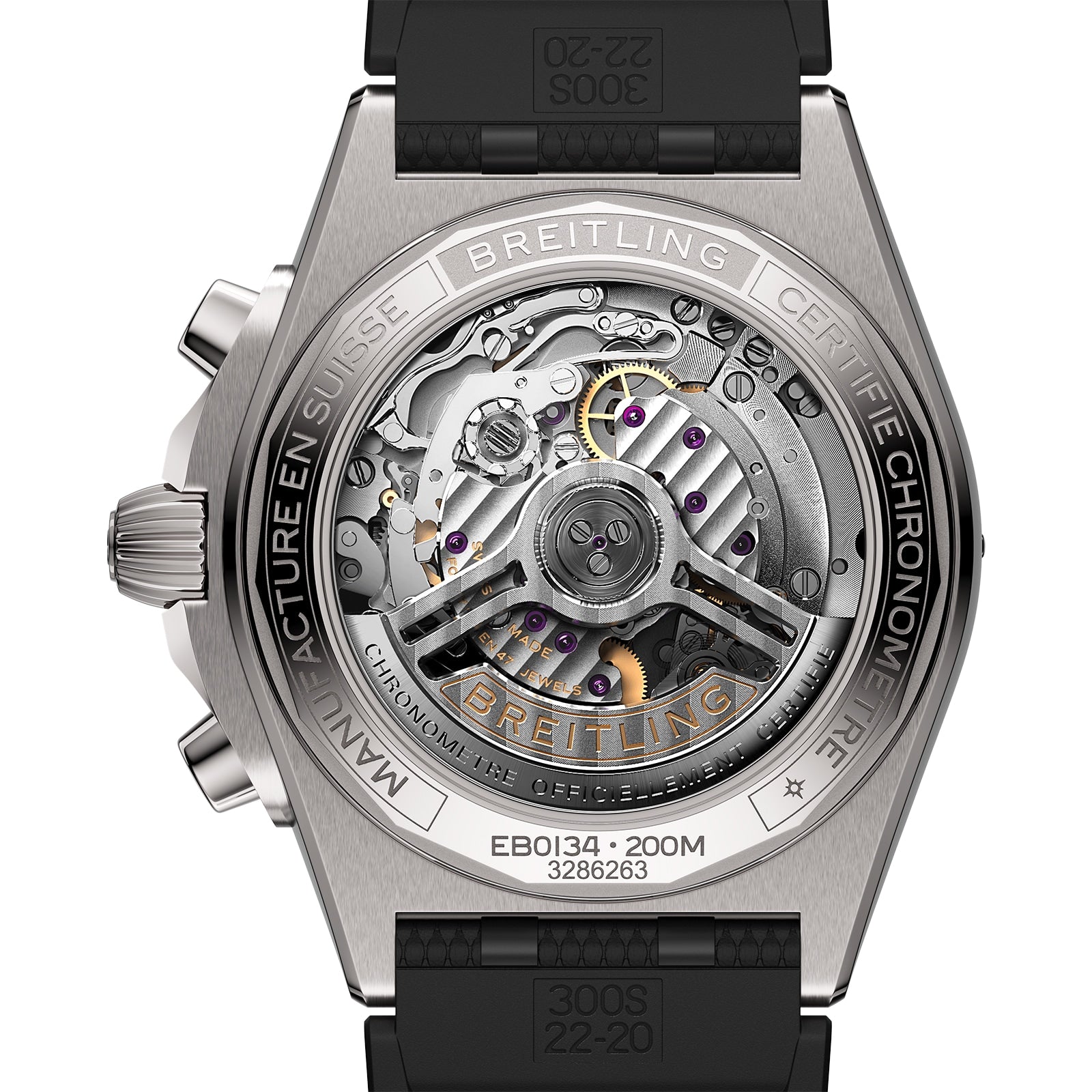 The back of the Breitling Chronomat B01 42 showcases its exposed mechanical movement, intricate gears, and engraved details, all paired with a stylish black rubber strap.