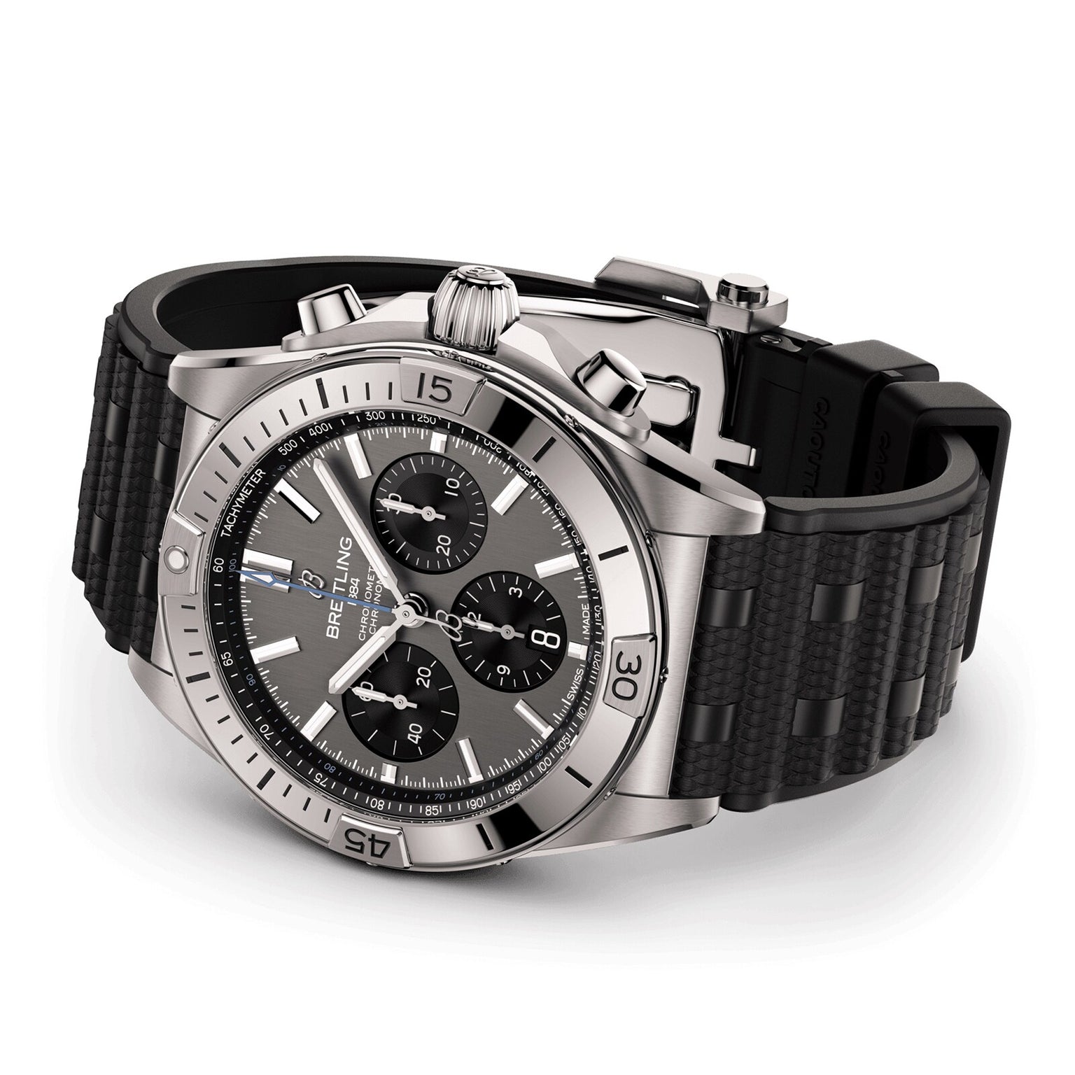 The Breitling Chronomat B01 42 is a stainless steel chronograph watch featuring a black dial with three subdials, date window, and a black textured rubber strap, powered by the Breitling 01 calibre.
