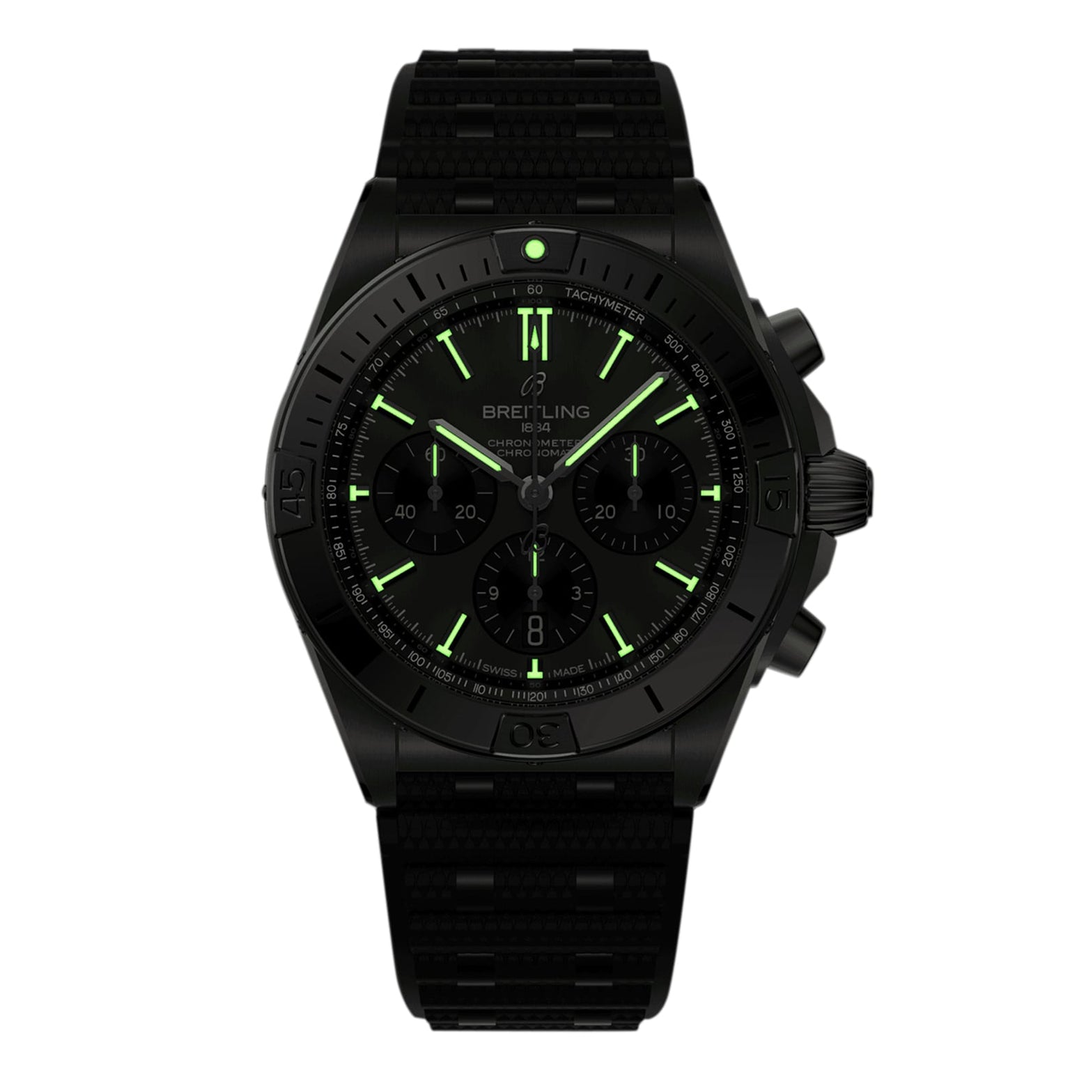 The Breitling Chronomat B01 42 is a black chronograph watch featuring a titanium case, black metal bracelet, and green luminescent hour markers and hands, displayed against a white background.