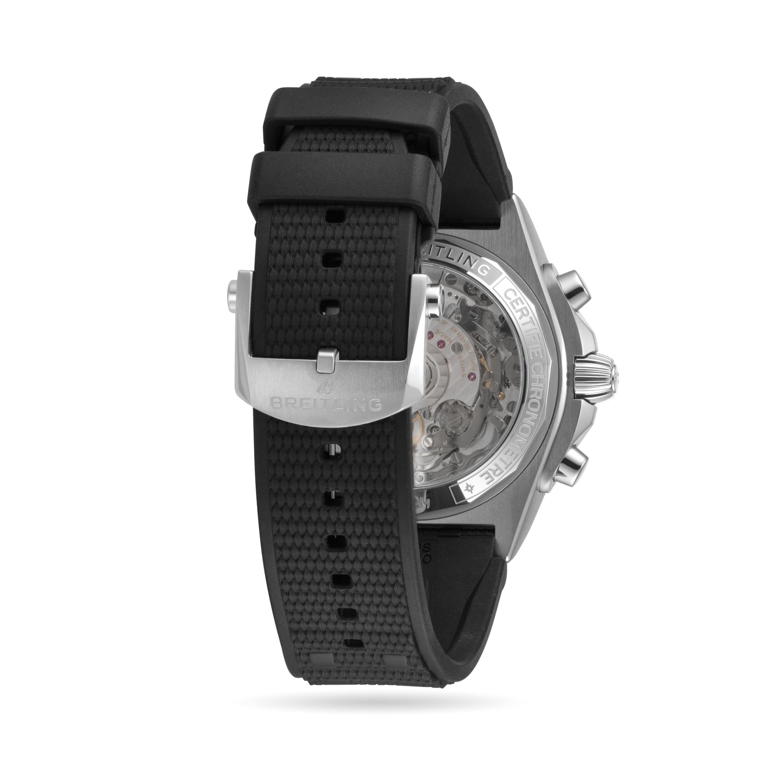 A close-up of the Breitling Chronomat B01 42, featuring a black textured rubber strap, stainless steel buckle, titanium case, transparent caseback, and the intricate Breitling 01 calibre movement.