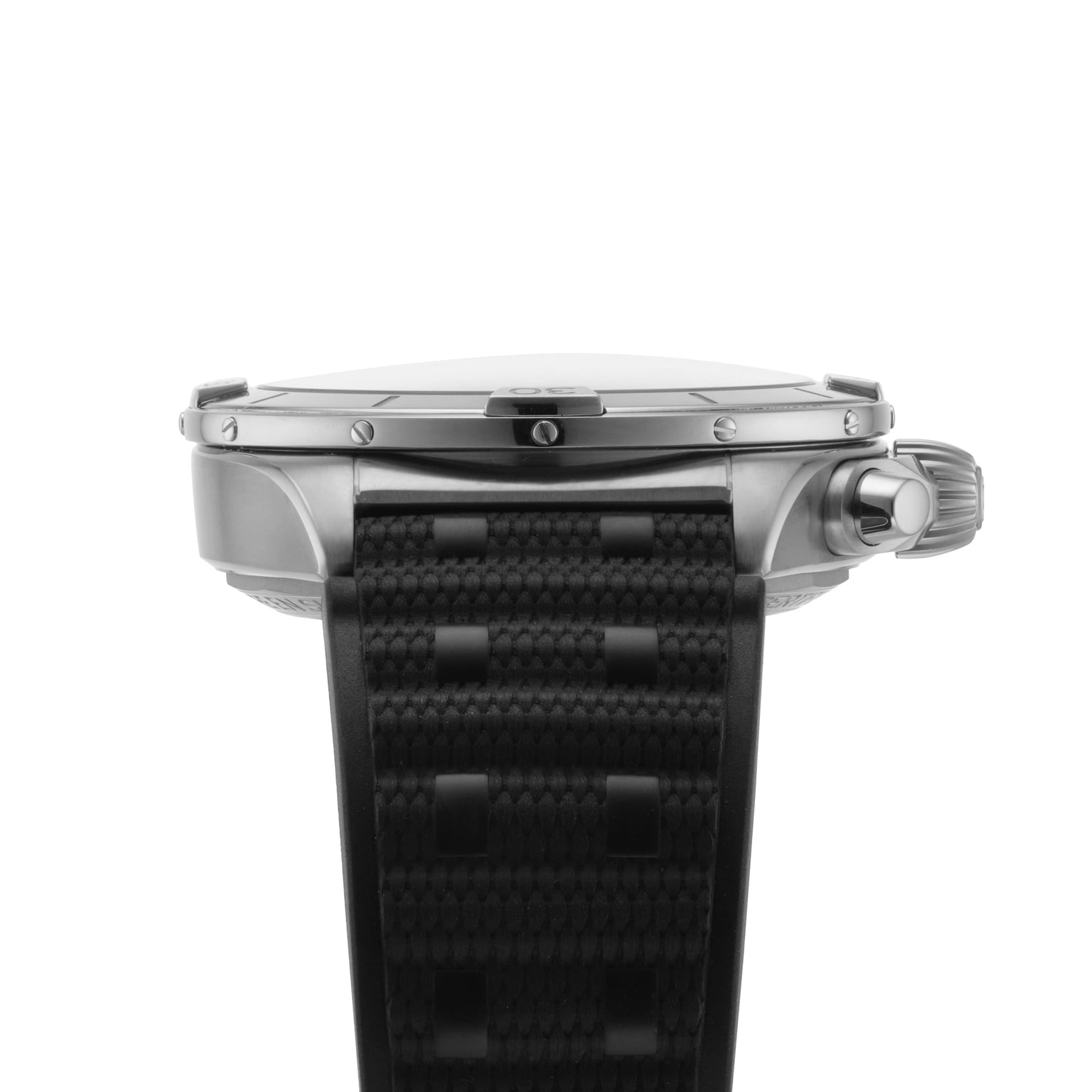 Side view of the Breitling Chronomat B01 42 wristwatch with a titanium case, textured crown, and black checkered-pattern strap against a white background.