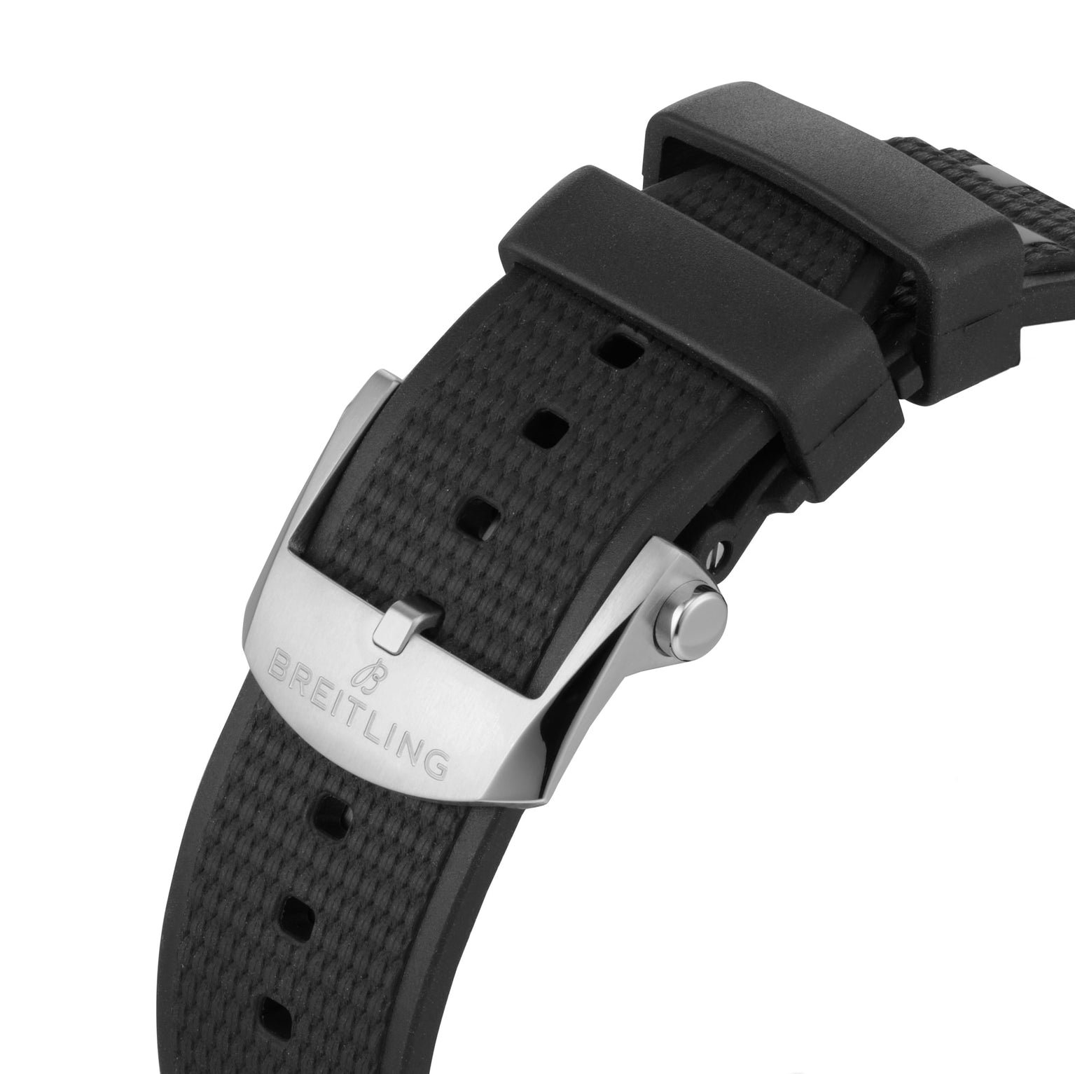 Close-up of a black textured strap from the Breitling Chronomat B01 42, featuring a stainless steel buckle engraved with the Breitling logo.