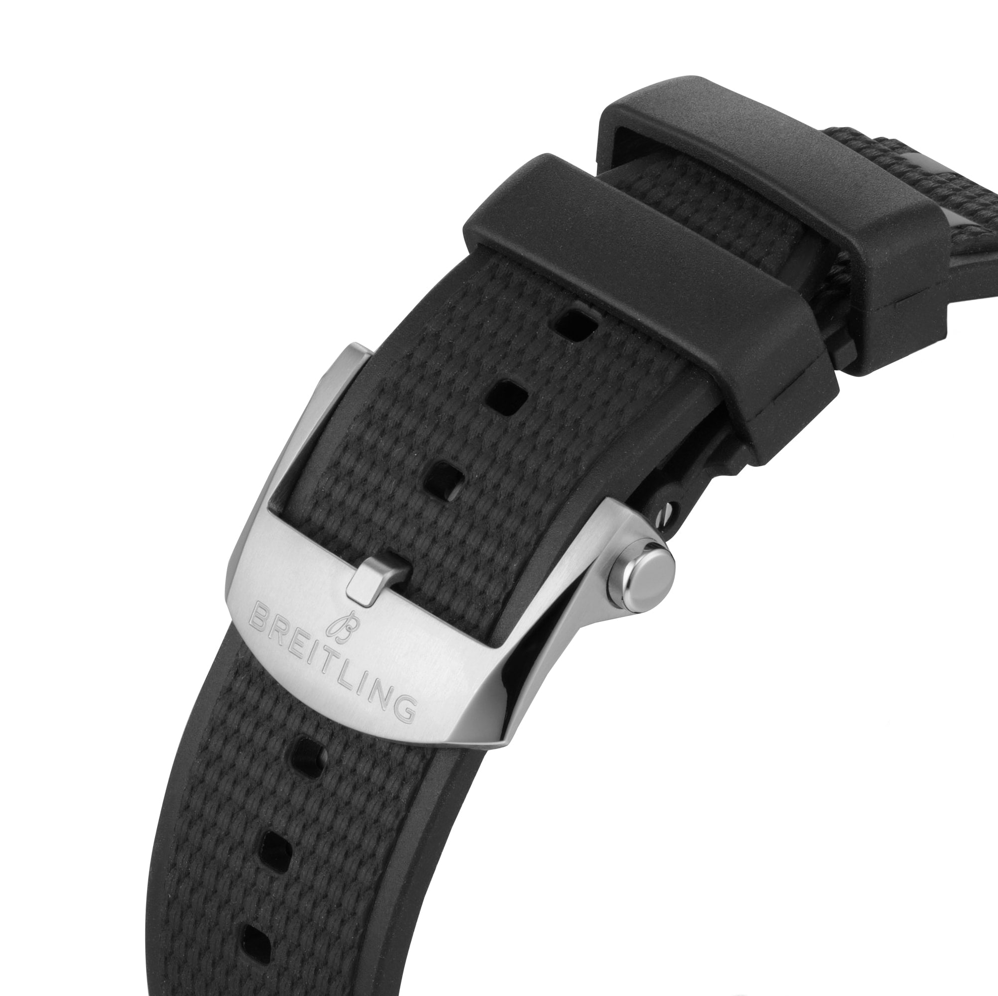 Close-up of a black textured strap from the Breitling Chronomat B01 42, featuring a stainless steel buckle engraved with the Breitling logo.