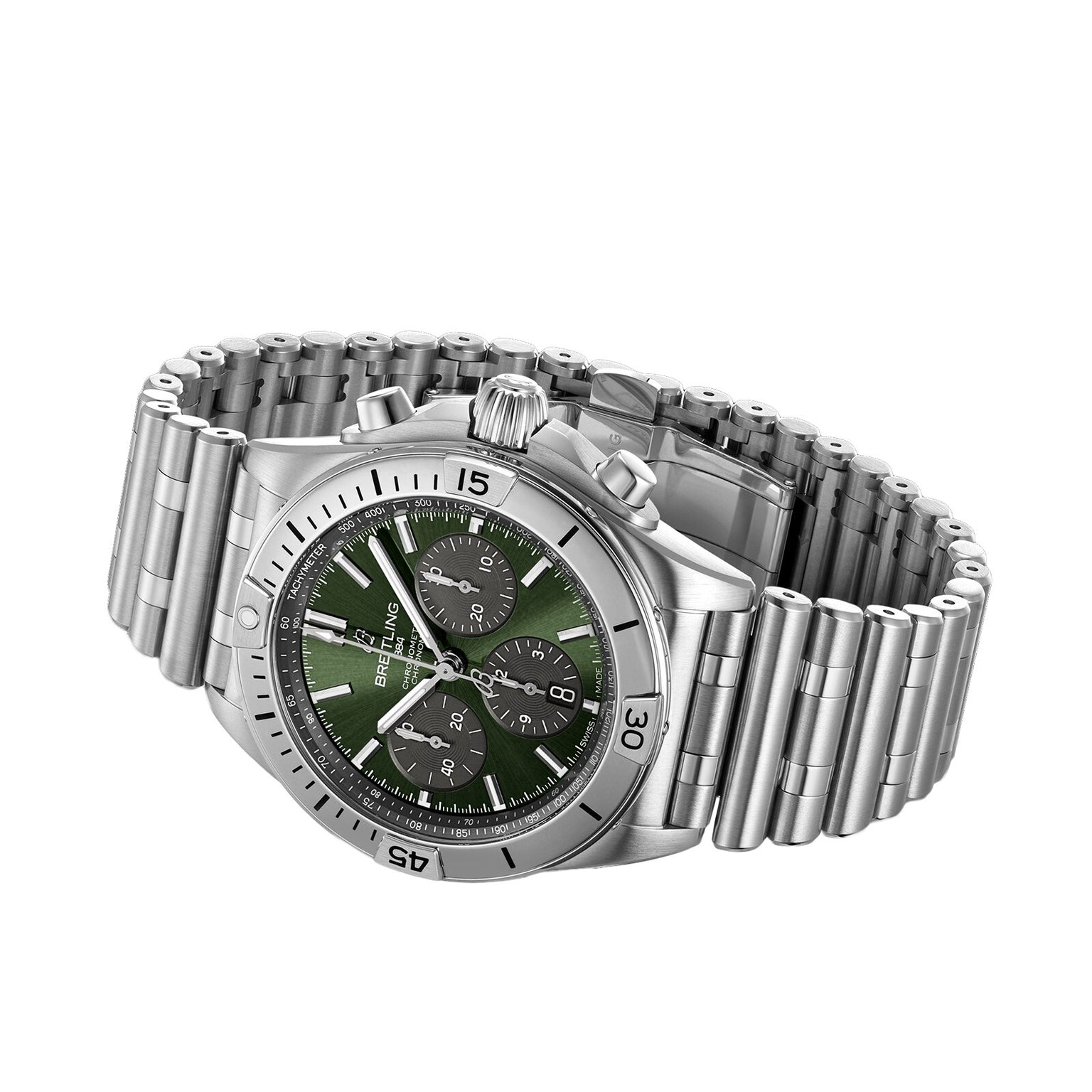 The Breitling Chronomat B01 42 The Watches Of Switzerland Group Centenary Exclusive is a limited edition stainless steel chronograph with a green dial, three subdials, and a metal link bracelet, shown on a white background.
