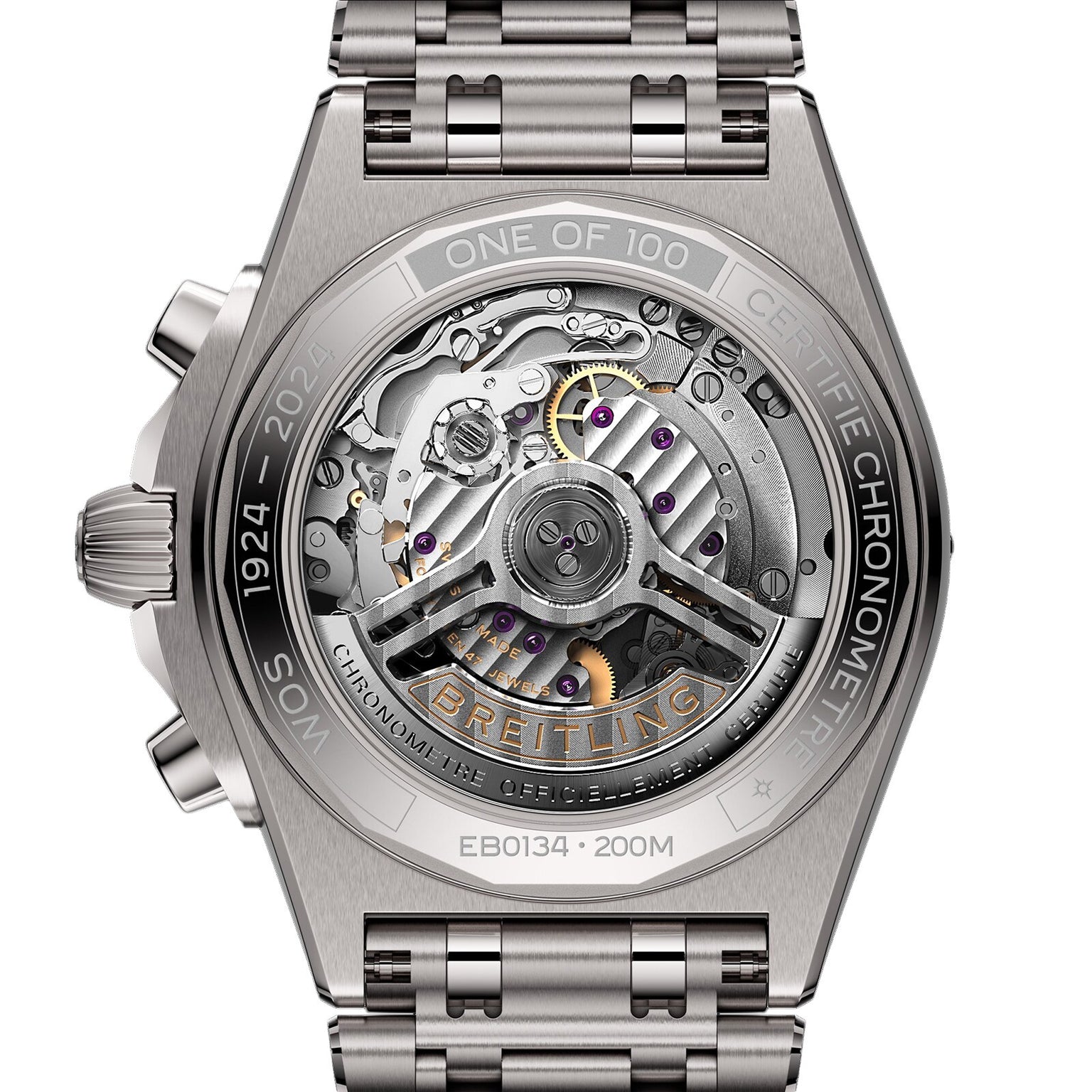 Close-up of the back of the Breitling Chronomat B01 42 The Watches Of Switzerland Group Centenary Exclusive, showcasing its exposed mechanical movement and engraved details.
