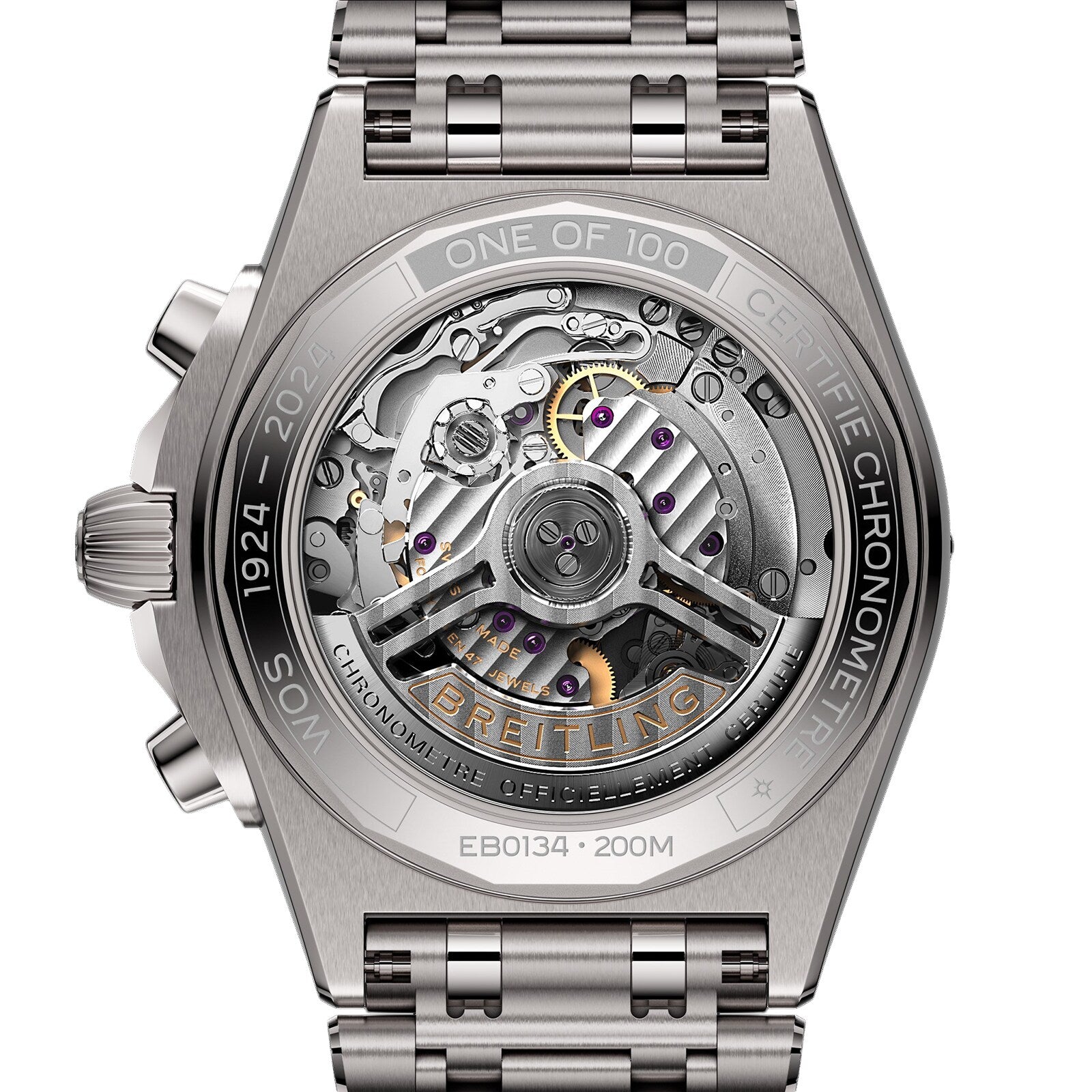 Close-up of the back of the Breitling Chronomat B01 42 The Watches Of Switzerland Group Centenary Exclusive, showcasing its exposed mechanical movement and engraved details.