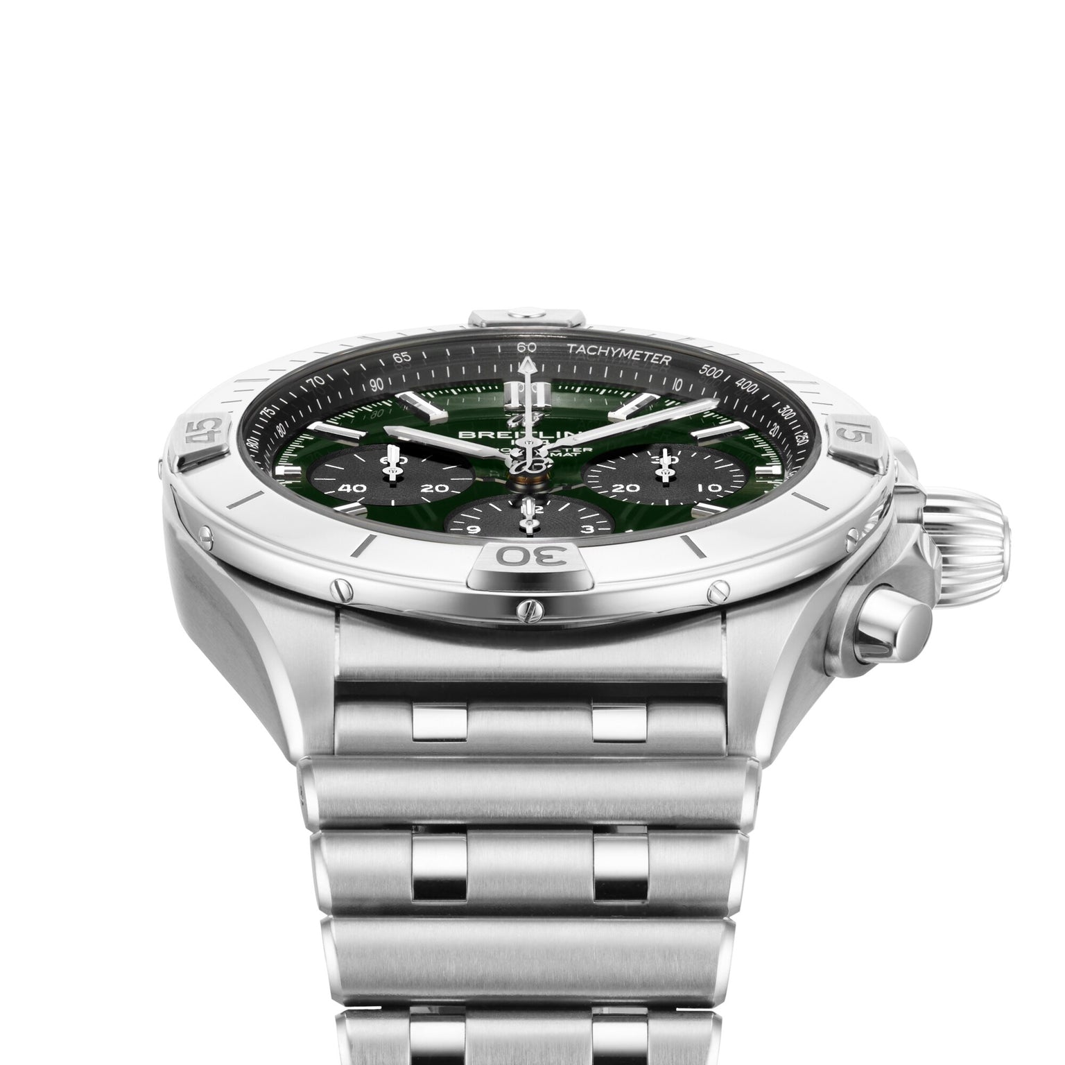 A Breitling Chronomat B01 42 The Watches Of Switzerland Group Centenary Exclusive wristwatch with a green dial, silver bezel, and metal link bracelet featuring the B01 Manufacture Calibre, shown on a white background.