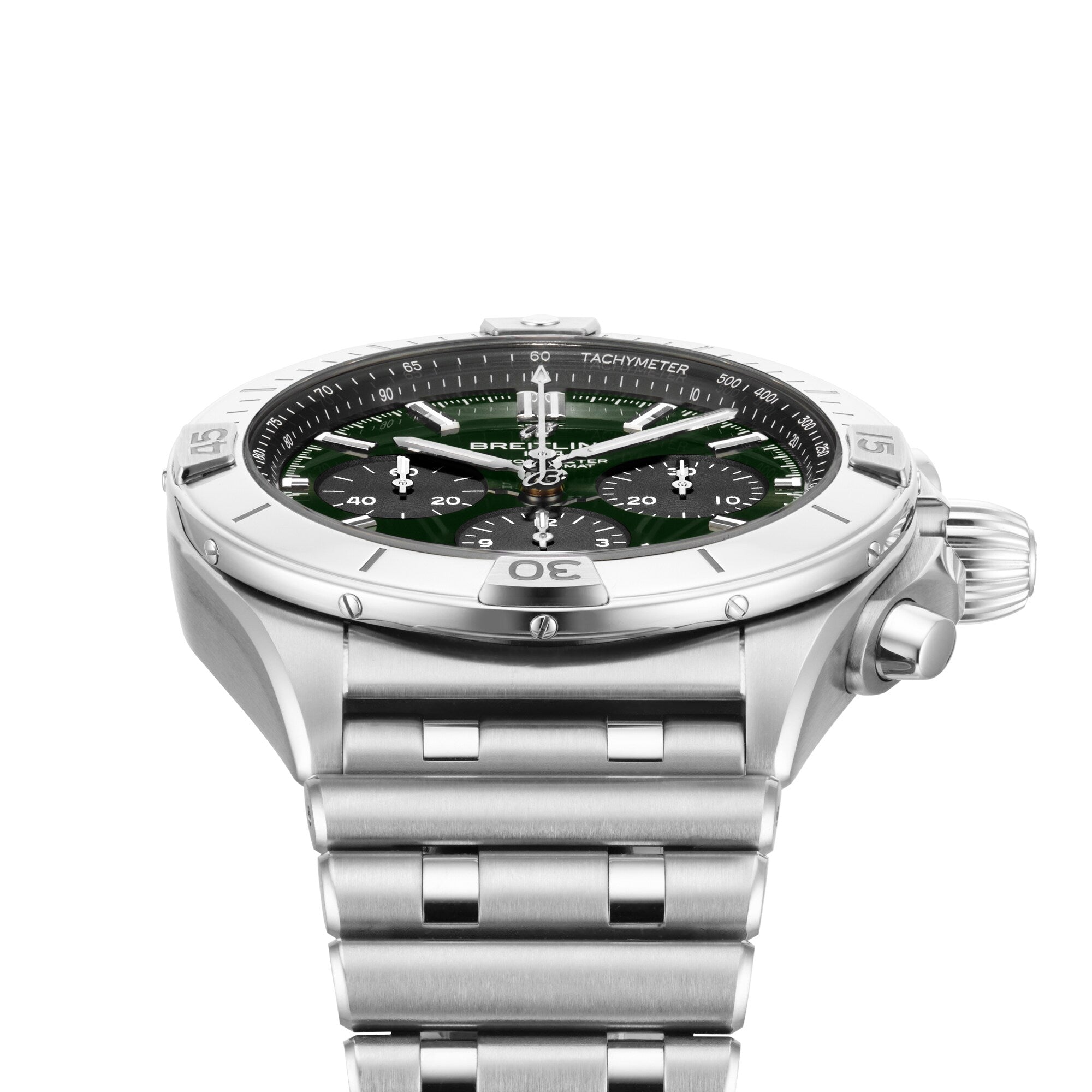 A Breitling Chronomat B01 42 The Watches Of Switzerland Group Centenary Exclusive wristwatch with a green dial, silver bezel, and metal link bracelet featuring the B01 Manufacture Calibre, shown on a white background.