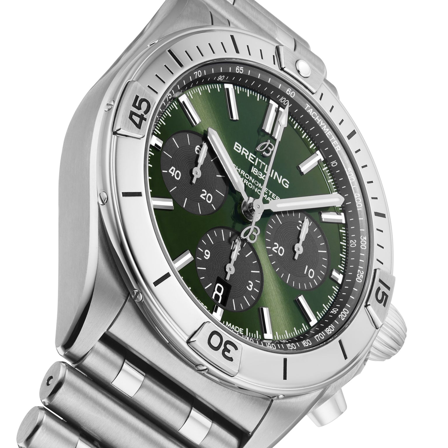 A Breitling Chronomat B01 42 The Watches Of Switzerland Group Centenary Exclusive stainless steel chronograph wristwatch with a green dial, three black subdials, and metal link bracelet, viewed at an angle.