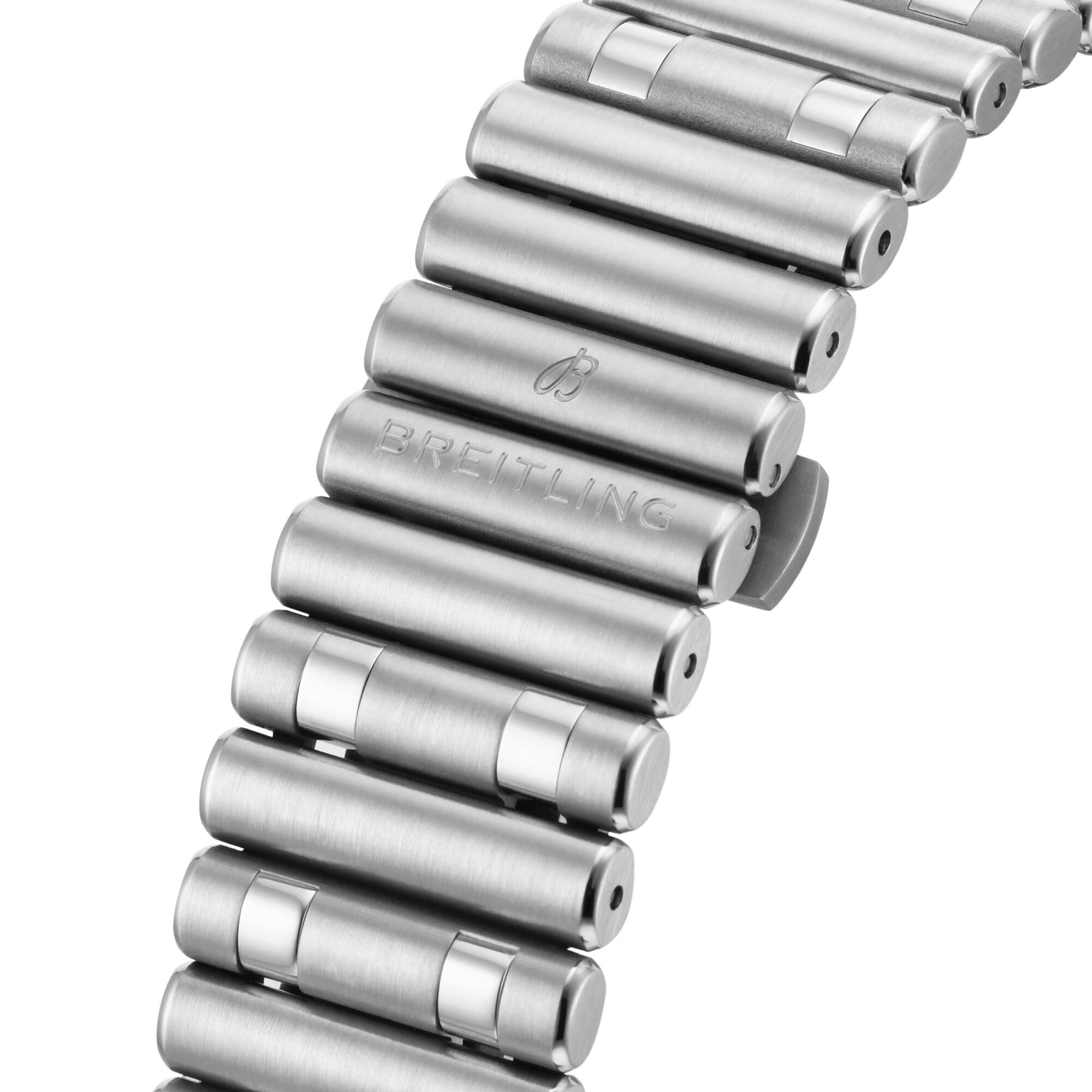 Close-up of a stainless steel bracelet with BREITLING engraved, showcasing the refined craftsmanship of the Chronomat B01 42 The Watches Of Switzerland Group Centenary Exclusive.