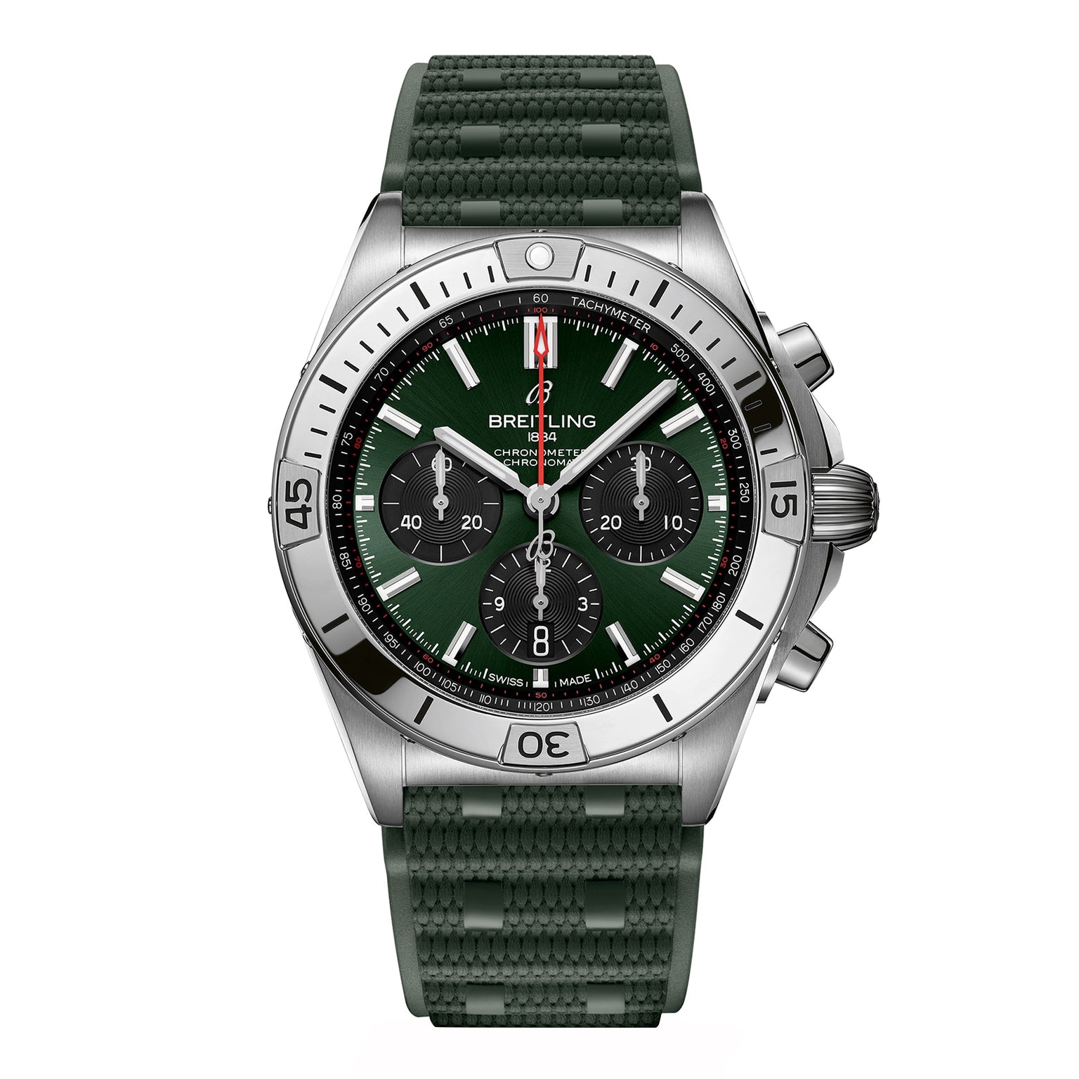 The Breitling Chronomat B01 42 is a stainless steel chronograph watch with a green dial, three subdials, tachymeter scale, textured green rubber strap, and is powered by the Breitling Manufacture 01 calibre movement.