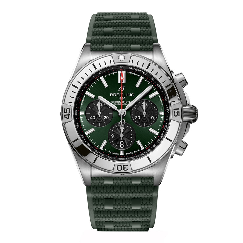 The Breitling Chronomat B01 42 is a stainless steel chronograph watch with a green dial, three subdials, tachymeter scale, textured green rubber strap, and is powered by the Breitling Manufacture 01 calibre movement.