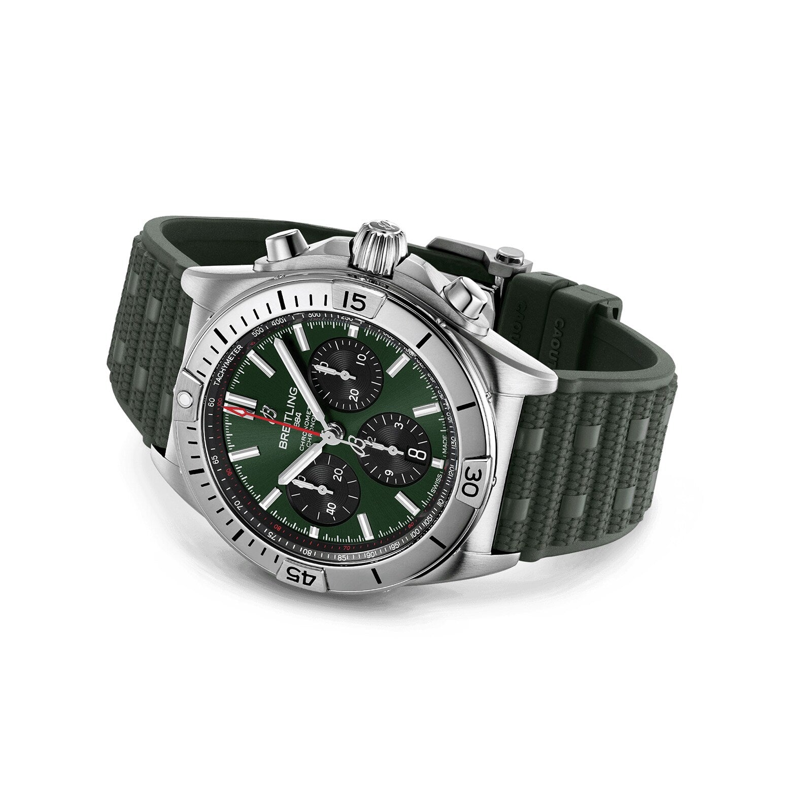 The Breitling Chronomat B01 42 is a stainless steel chronograph watch featuring a green dial with three black subdials and a matching textured green rubber strap.