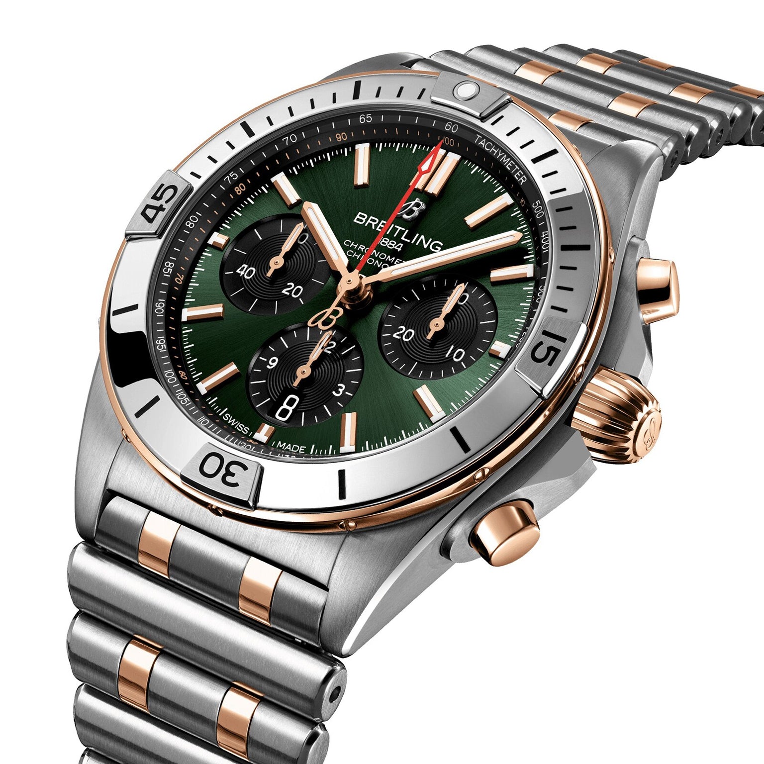The Breitling Chronomat B01 42 is a stainless steel and gold chronograph watch with a green dial, three subdials, a metal link bracelet, and the precise Breitling Manufacture 01 movement.