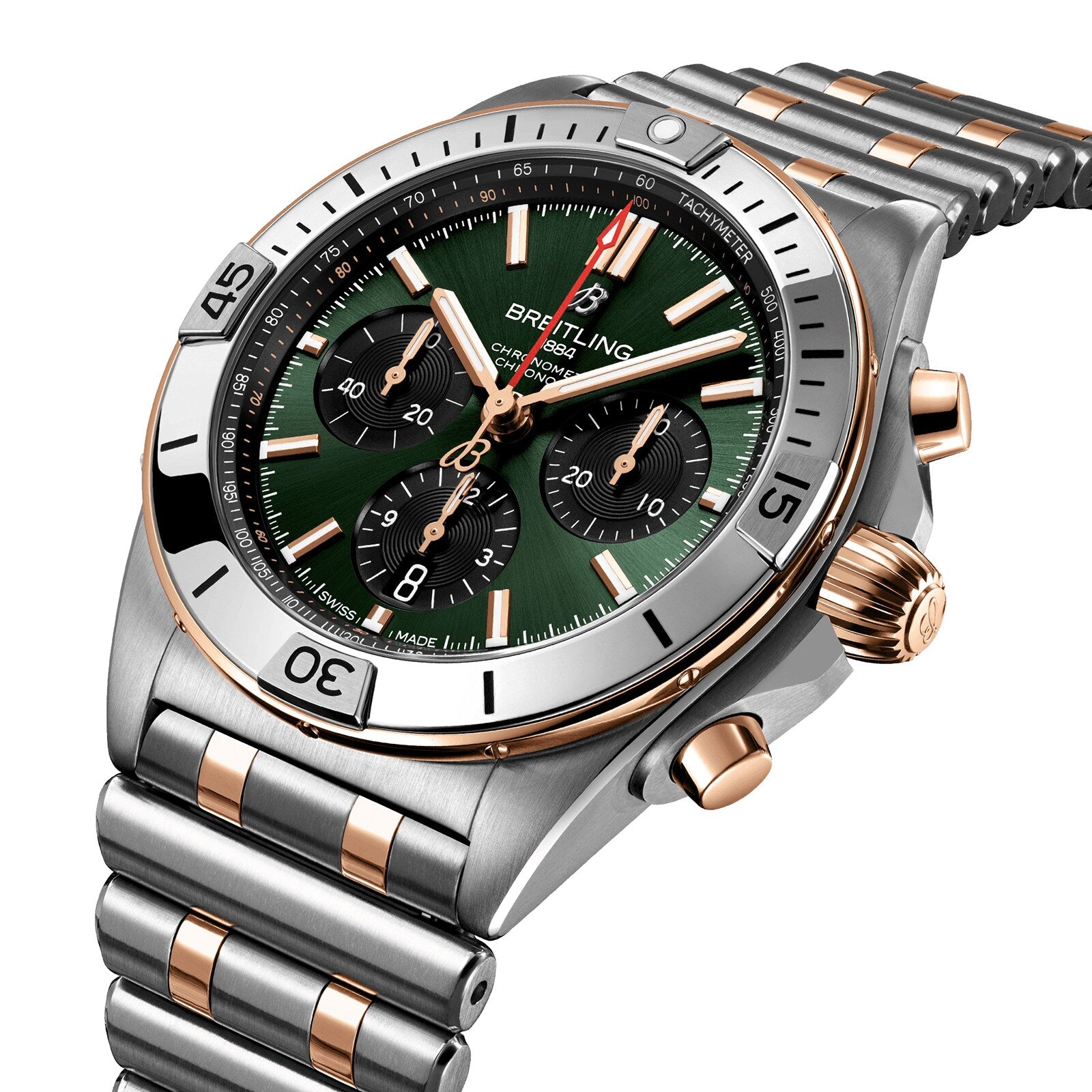 The Breitling Chronomat B01 42 is a stainless steel and gold chronograph watch with a green dial, three subdials, a metal link bracelet, and the precise Breitling Manufacture 01 movement.