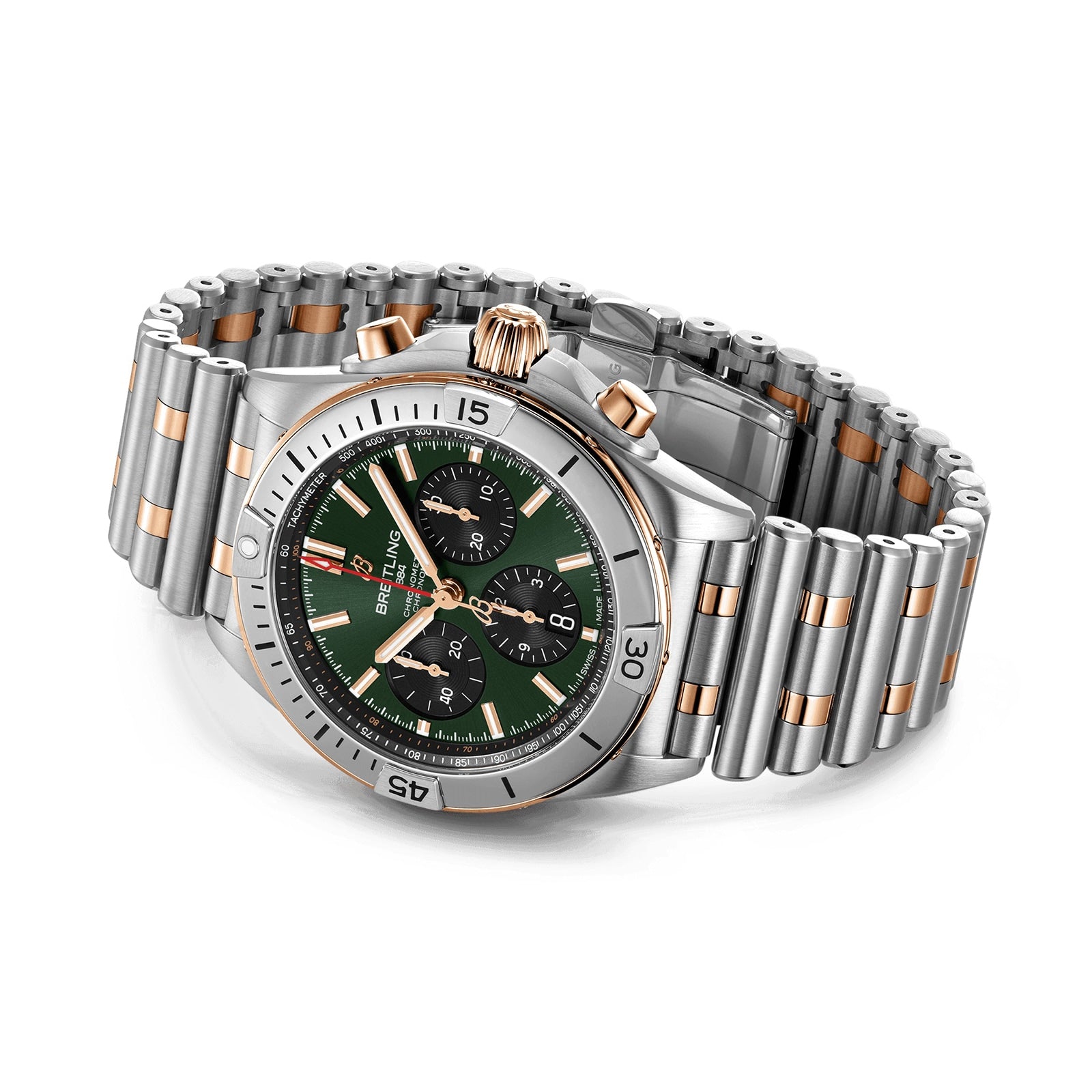 The Breitling Chronomat B01 42, featuring stainless steel and gold, a green dial with three subdials, and a link bracelet, is shown angled on a white background.