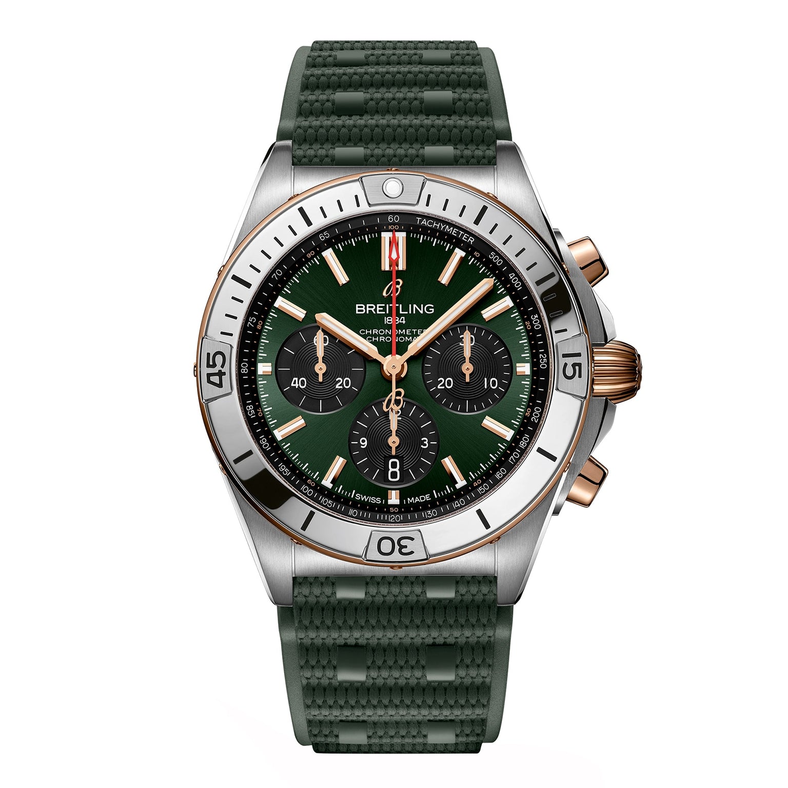 The Breitling Chronomat B01 42 is a chronograph watch with a green dial, 18ct rose gold accents, three subdials, and a green textured rubber strap powered by the Manufacture 01 movement.