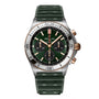 The Breitling Chronomat B01 42 is a chronograph watch with a green dial, 18ct rose gold accents, three subdials, and a green textured rubber strap powered by the Manufacture 01 movement.