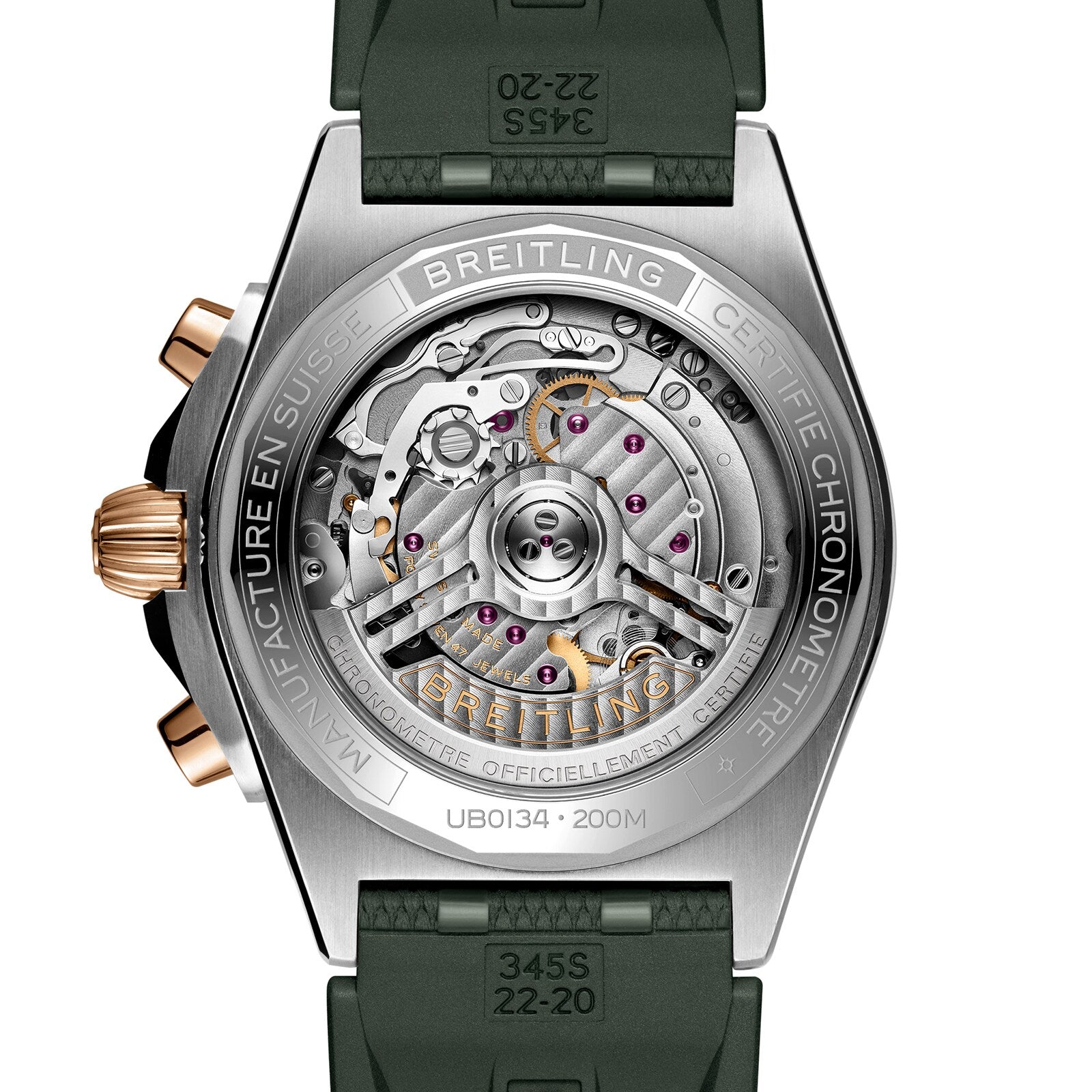 The back of the Breitling Chronomat B01 42 reveals its exposed Manufacture 01 movement, engraved details, and a green rubber strap with 18ct rose gold accents.