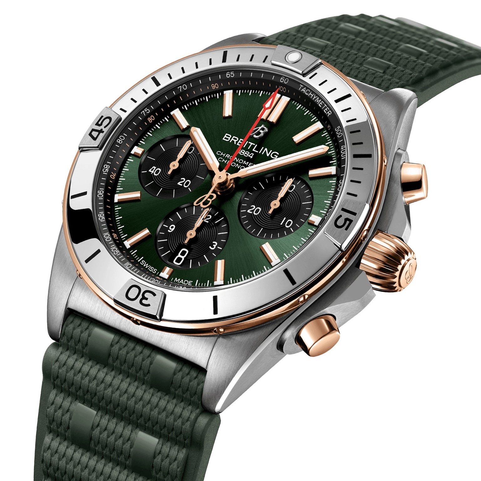 The Breitling Chronomat B01 42 features a green dial with three subdials, gold and silver accents, and a textured green strap.